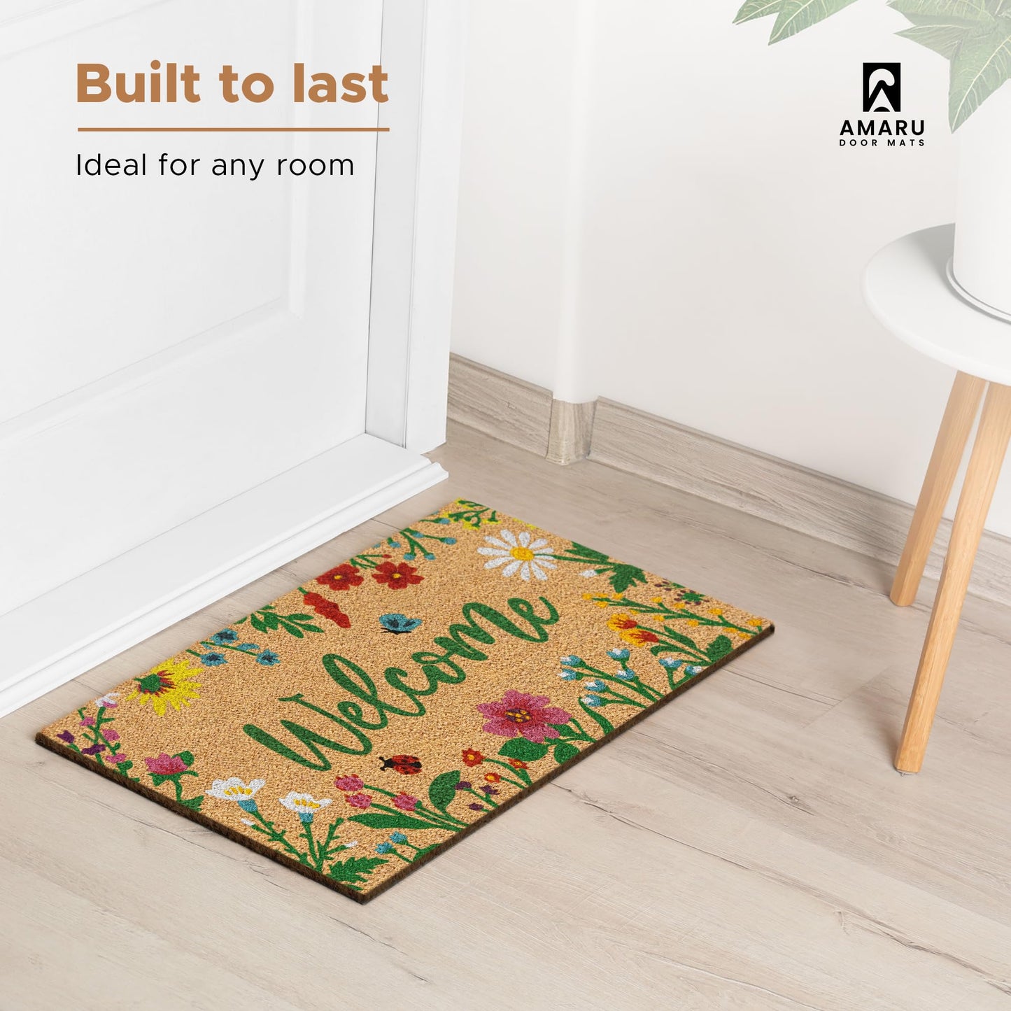 AMARU DOOR MATS - Coir Welcome Mat, Non-Slip, Floral, 17 x 29 in