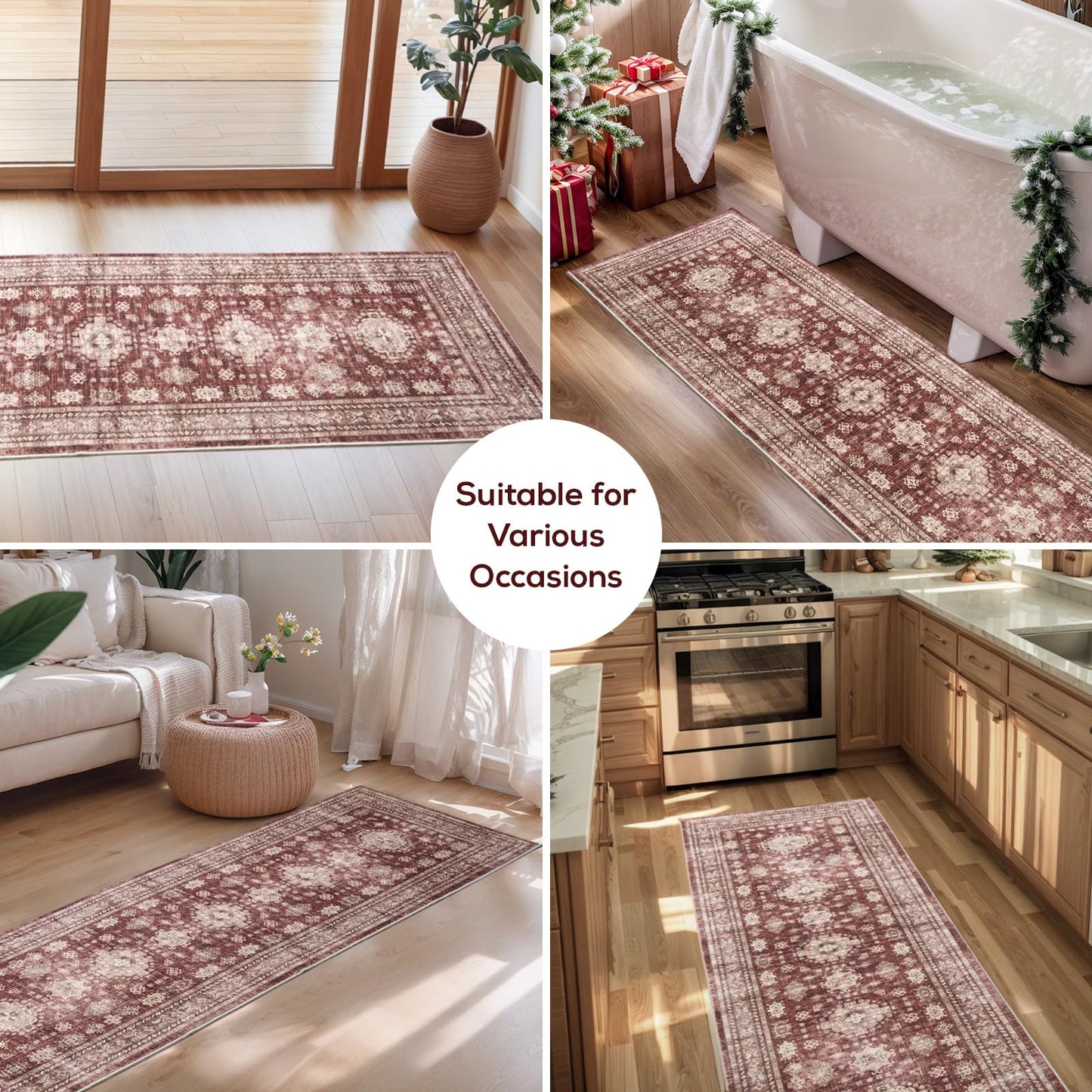 Nestiva 2x6 Runner Rug Non Slip Washable Carpet with Rubber Backing Soft Floral Boho Runner for Hallways, Kitchen, Laundry, Bedroom, Burgundy