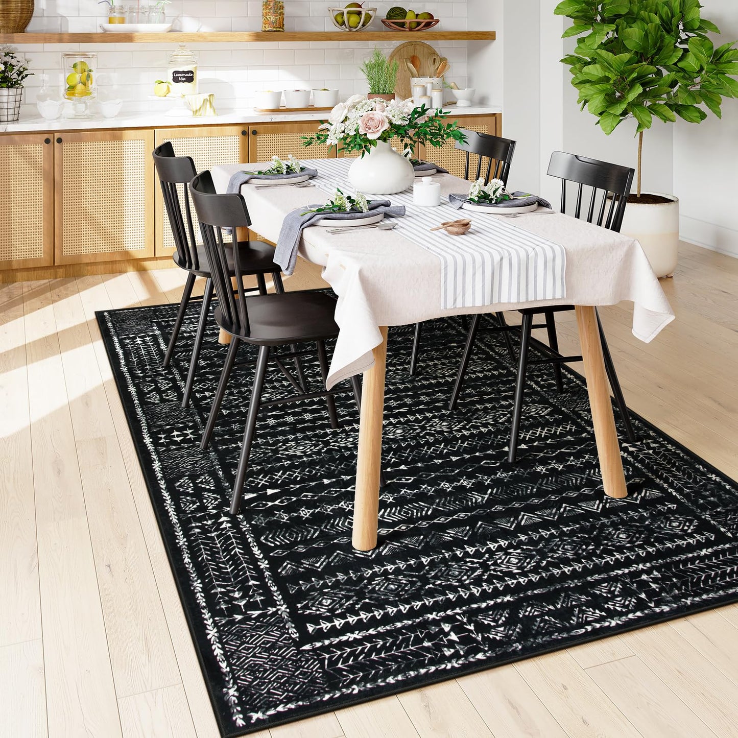 Zealude Boho Black and White 5x7 Area Rugs for Living Room, Large Washable Rug for Bedroom Dining Room, Moroccan Geometric Distressed Throw Carpet for Entryway Kitchen Playroom Office(5 x 7,Black)