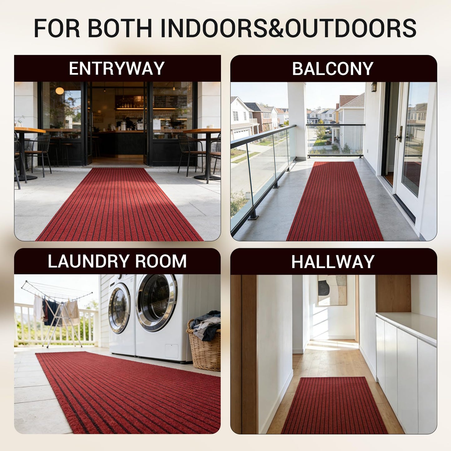 Stripe Runner Rug 2 x 6 ft Indoor Outdoor, Burgundy Non Slip Rubber Backing, Waterproof Low Profile Area Runner for Hallway, Entryway, Kitchen, Patio, Garage, Stairs & Laundry