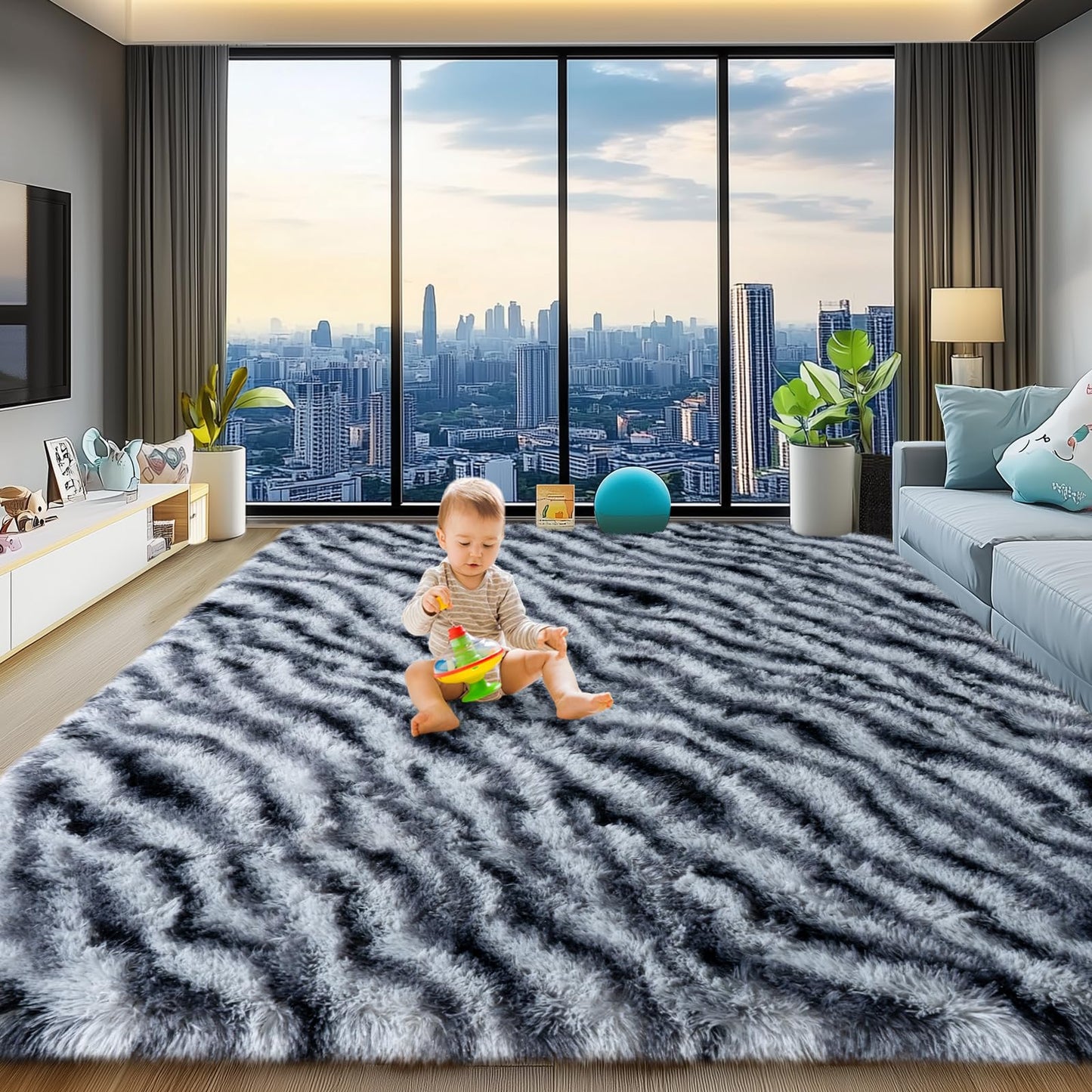 qulint Zebra Rug for Living Room, 8x10 Area Rug for Bedroom Soft Shaggy Animal Large Carpet, Plush Striped Ombre Alfombras for Dorm Room Nursery Classroom Home Decor Aesthetic (8ft x 10ft, Zebra)