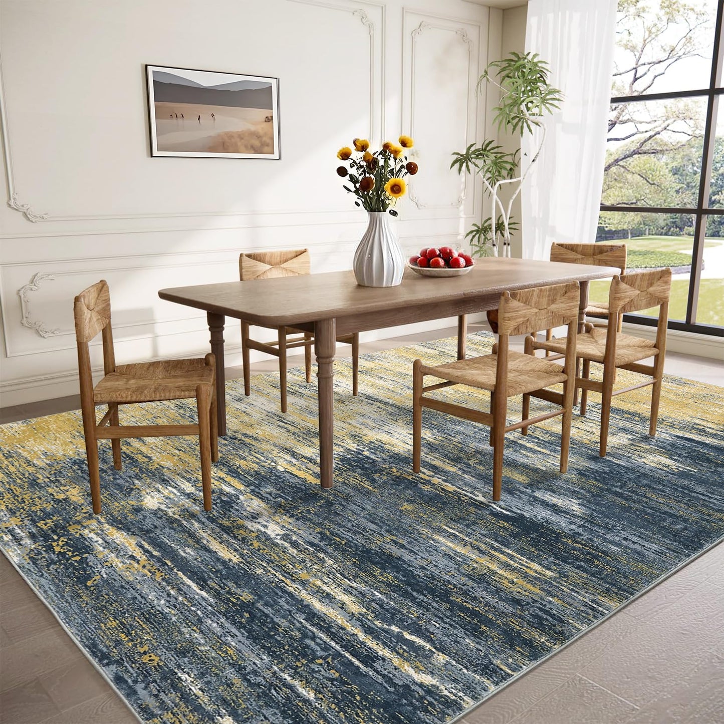ROYHOME Modern Abstract Living Room Rug 8x10, Washable Area Rugs for Bedroom, Stain Resistant Non Slip Large Rug, Soft Indoor Carpet for Dining Room Table Home Decor, Yellow/Black
