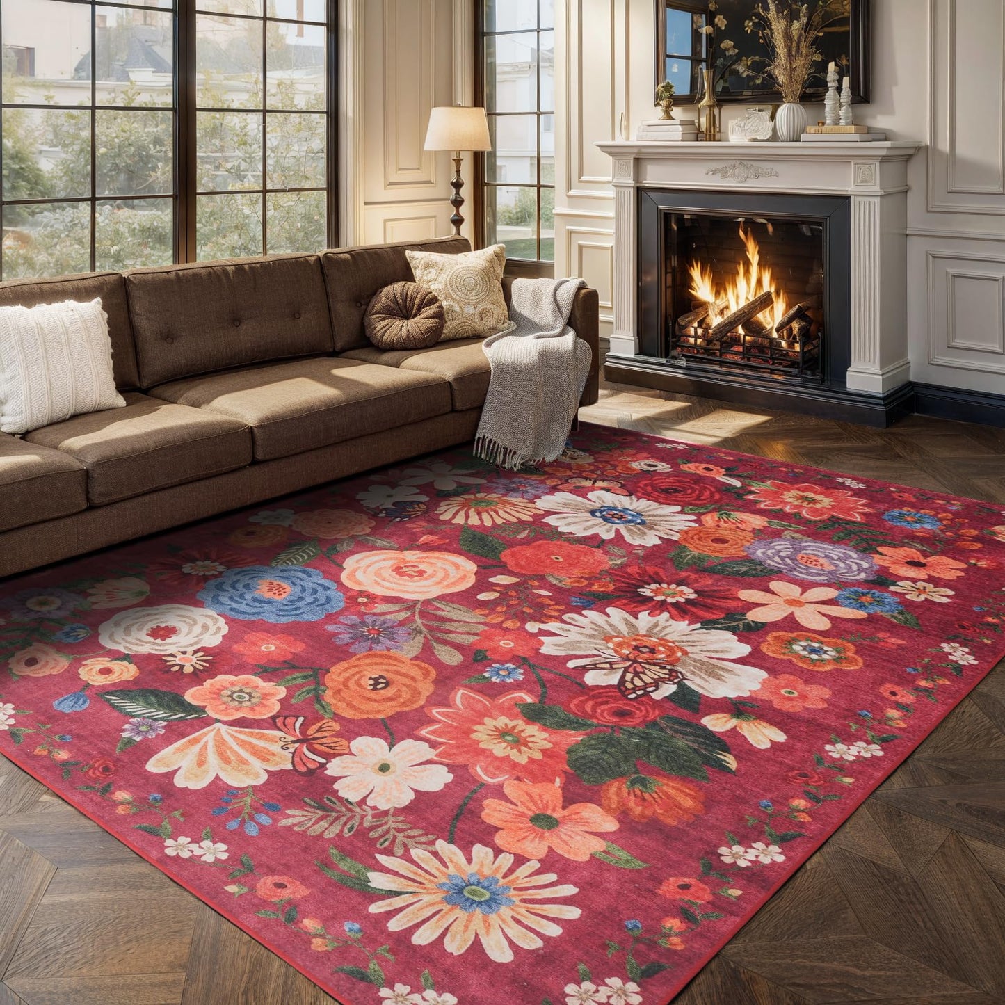 Babovid Area Rugs 10x14 for Living Room, Non Slip Machine Washable Floral Rugs, Low Pile Lightweight Large Rug for Bedroom, Dining Room, Home Office, Red Garden