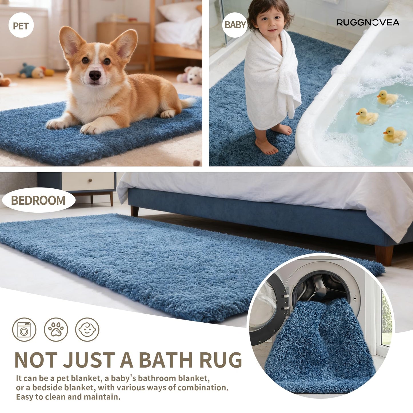 Ruggnovea Bathroom Rugs Non Slip Washable, Ultra Thick Soft Microfiber Absorbent Bath Mats, High Density Foam Latex Non Slip Backing Bath Rugs, Fluffy Floor Carpet for Tub&Shower 24x17, Blue