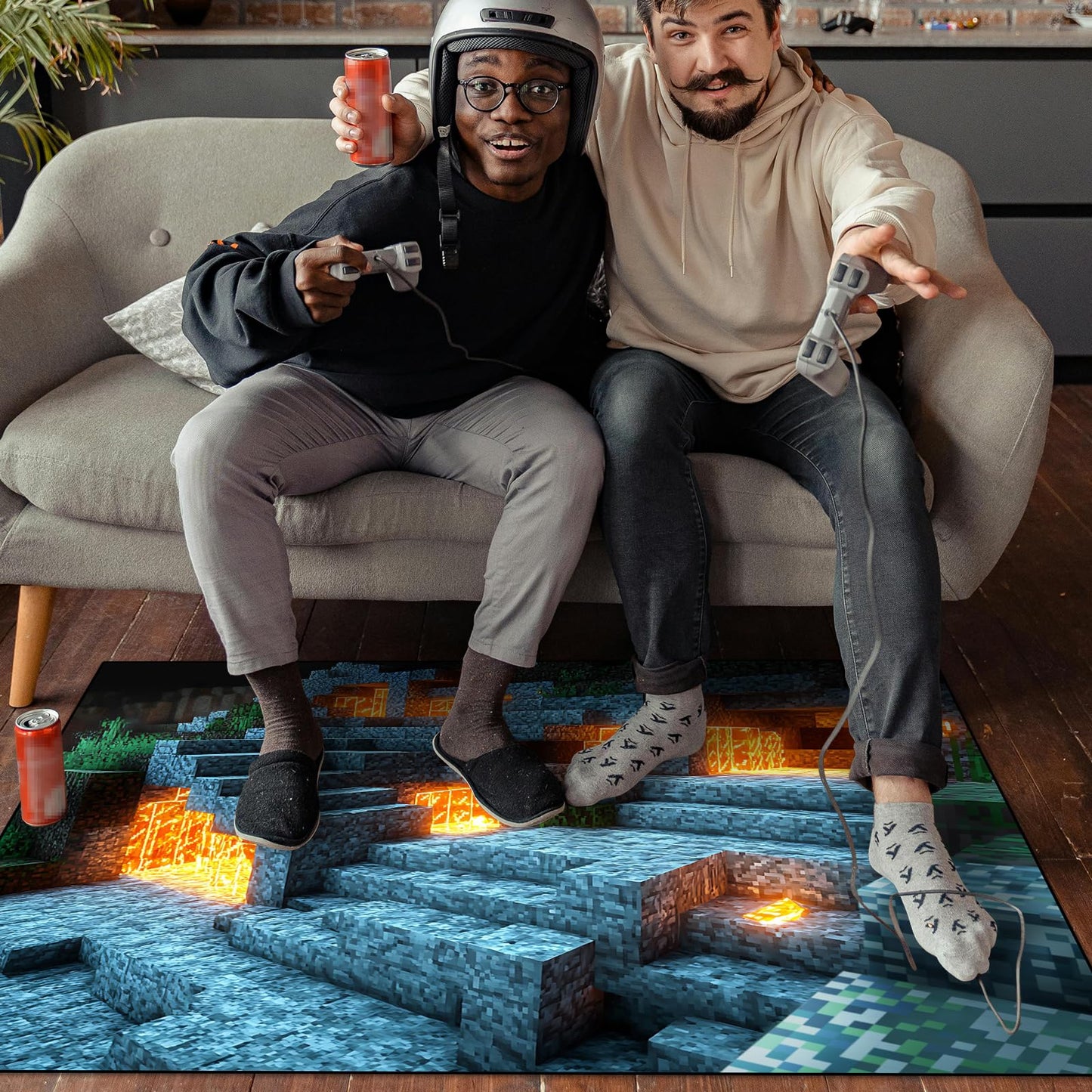Block Game Rug Teen Kids Carpet, Pixel Games Scene Decoration Mat, Washable Game Rugs for Boy’s Bedroom Living Room Playroom, Non-Slip Children Gaming Area Rugs (Blue Rock Lava, 70" x 55")