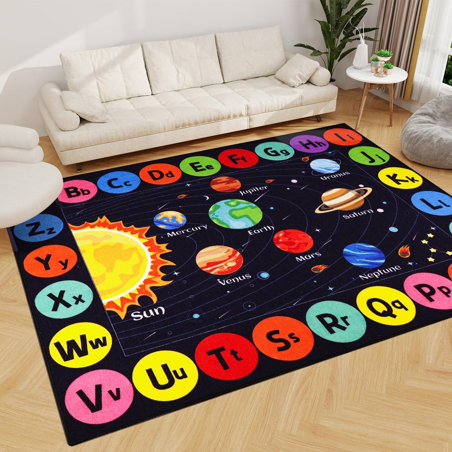 AKASISRUG Kids Rug Outer Space Carpet for Playroom, ABC Educational Learning Area Rug, Non-Slip Solar System Road Play Play Rug for Kids Bedrooms, Classroom, Room Decor (Black, 78.7X59 INCH)