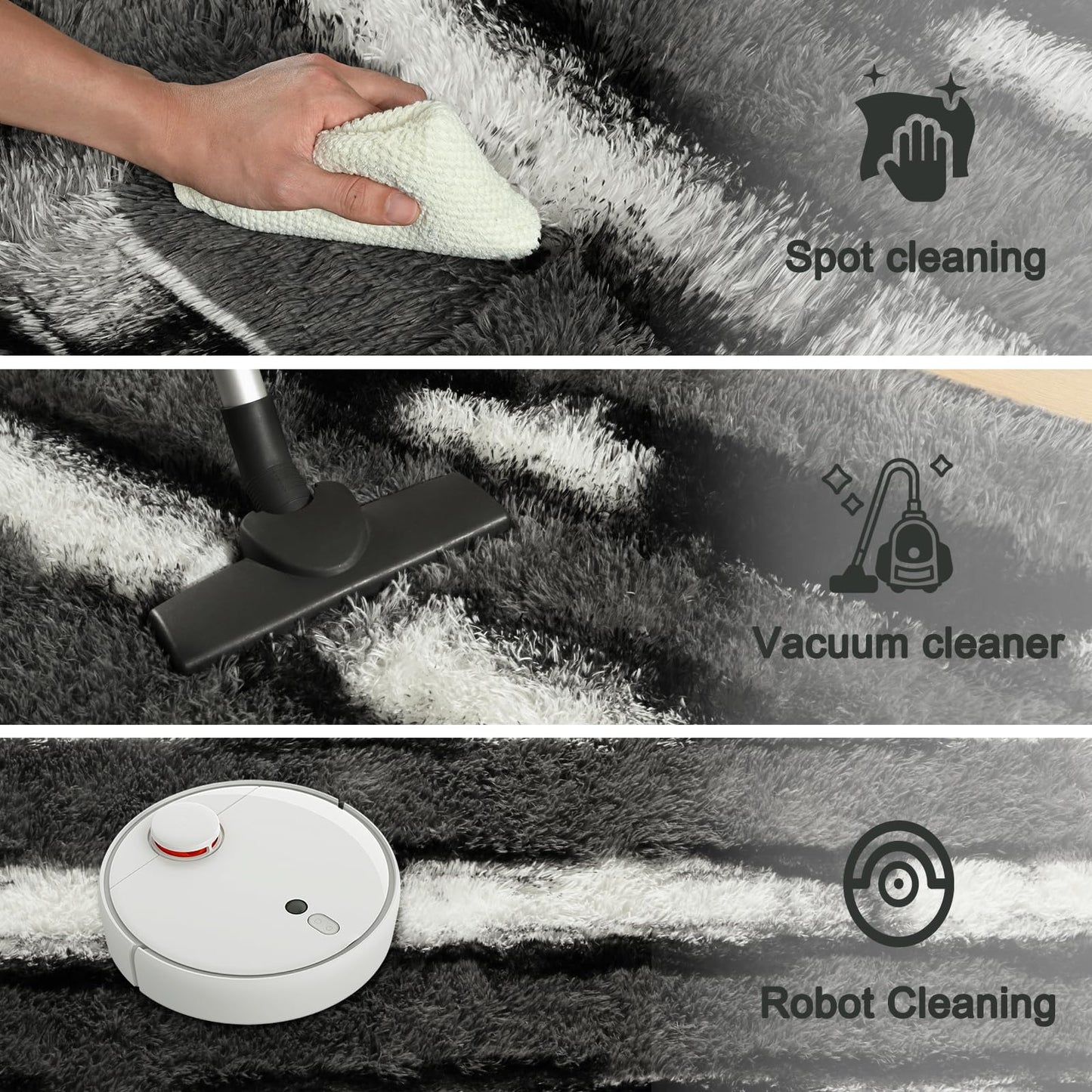 FALARK Fluffy Area Rugs for Bedroom Living Room, 4x6 Black and Grey Soft Plush Striped Rug, Modern Indoor Non Slip Washable Carpet, Furry Throw Carpets for Home Decor