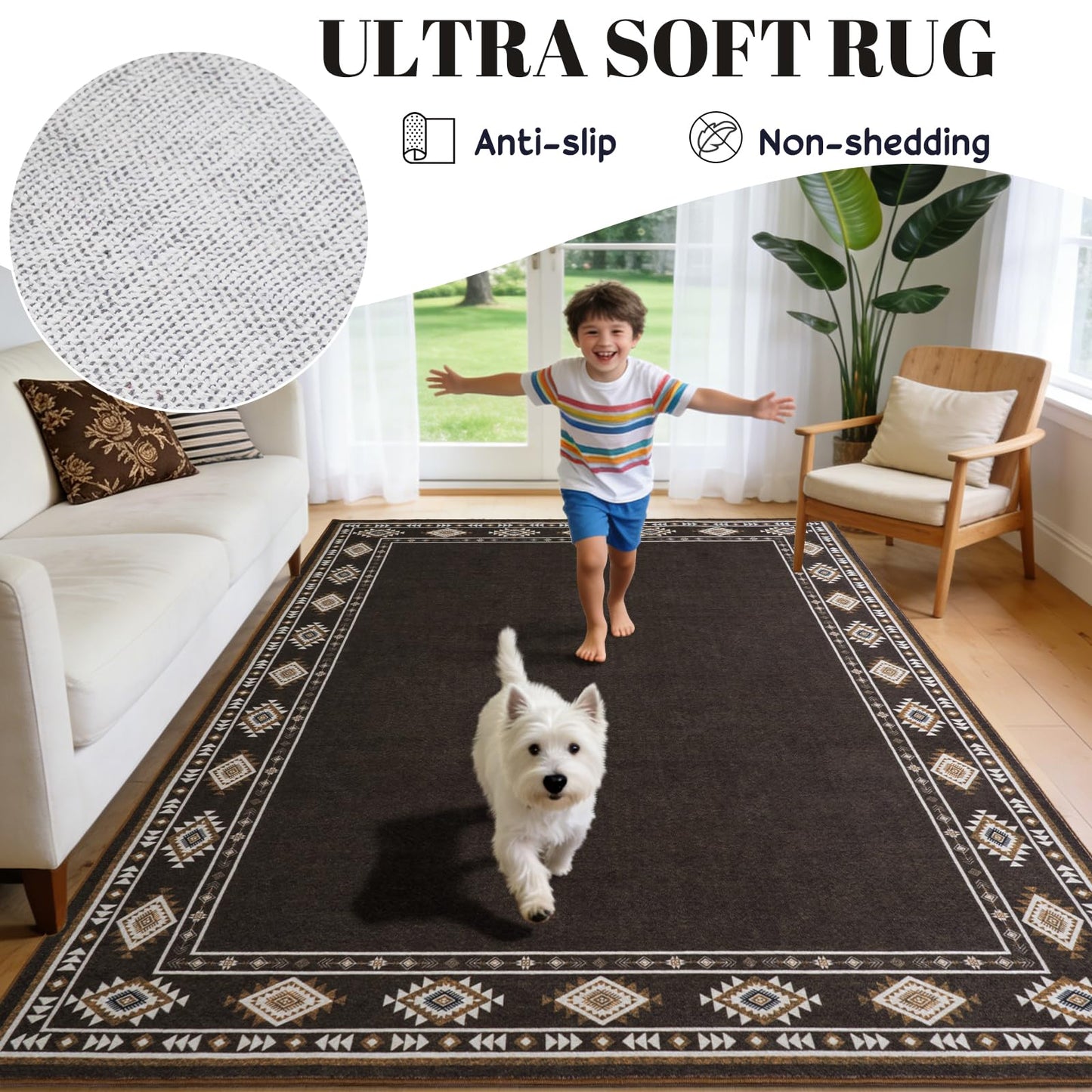 QDUIDU Large Area Rug for Bedroom Living Room, 5x7 Feet Ultra Soft Brown Rugs Washable Modern Geometric Bordered Non Slip Low Pile Carpets Home Decor