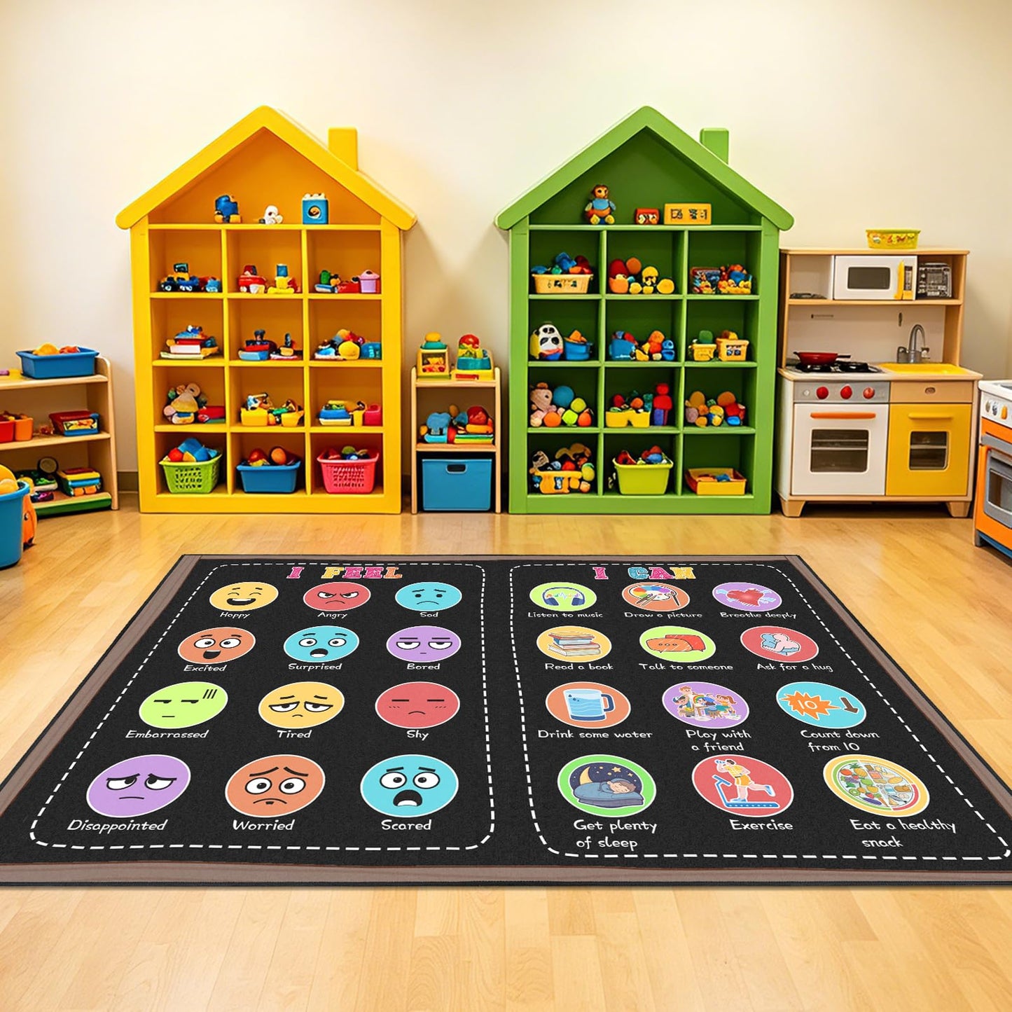 Classroom Rug Elementary 5x7 ft, Calming Corner Rug for Classroom Daycare Preschool, Educational Sensory Emotion Feelings Carpet, Smiley Face Kids Play Mat for Playroom, Non-Slip Washable(Black)
