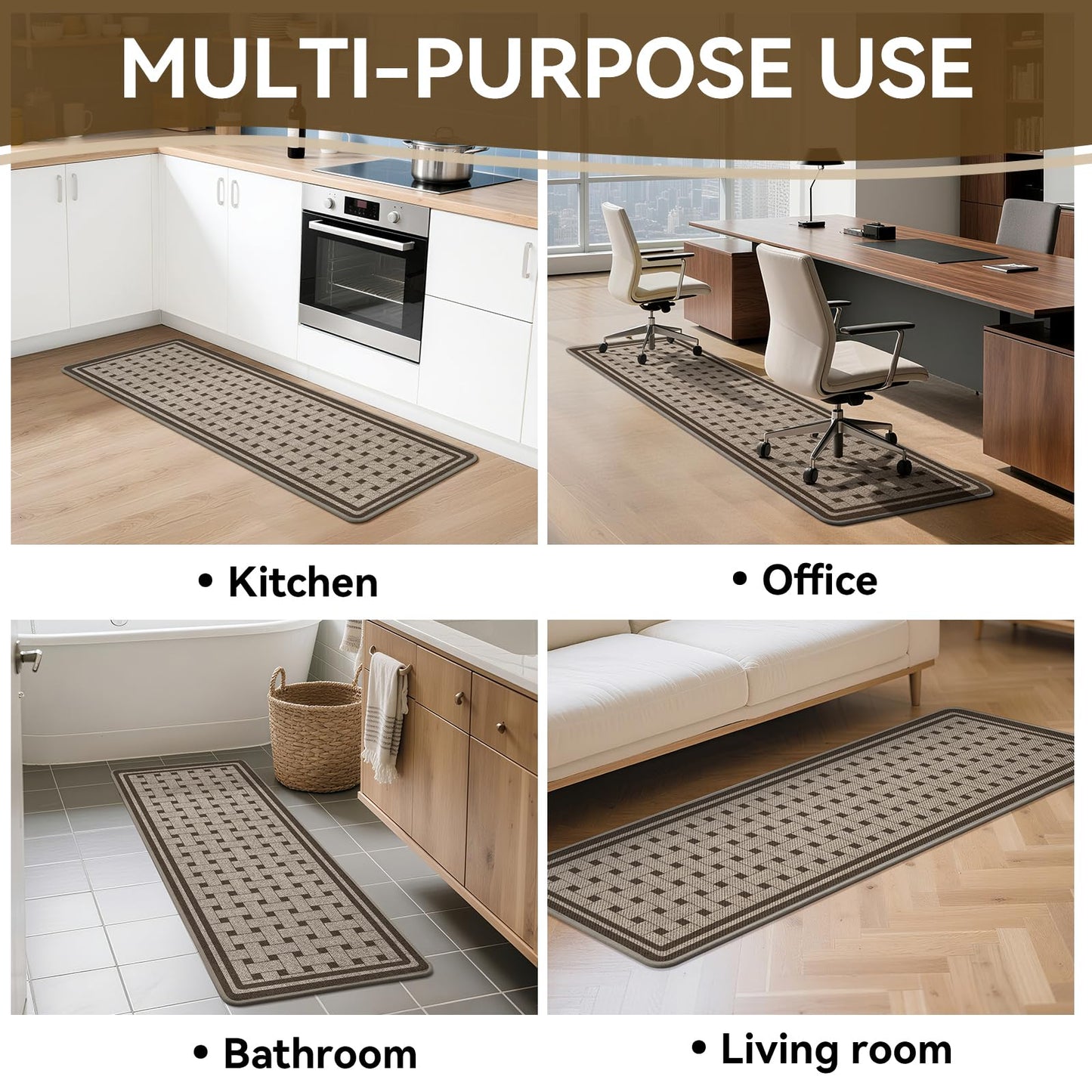 QiCaiJia Kitchen Mats for Floor, 17''x30'' Washable Absorbent Non Slip Kitchen Mat, Braided Kitchen Runner Rug, Kitchen Sink Rug, Brown