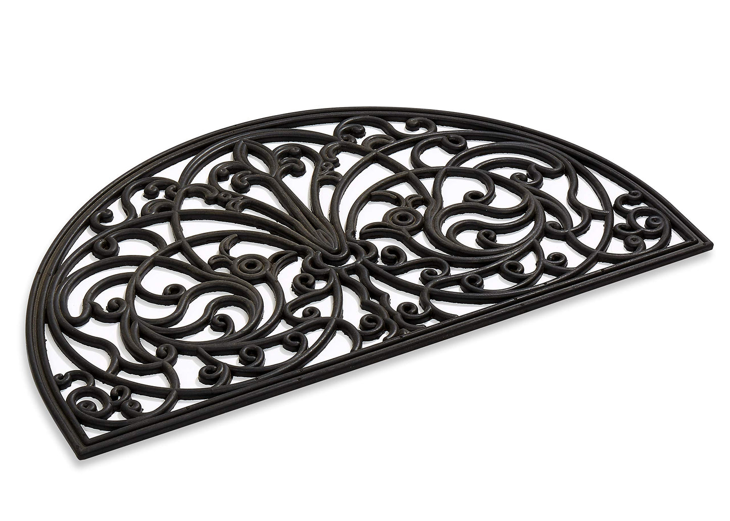 Kempf Rubber Scroll Doormat Half Moon Mat, Indoor Outdoor Entrance Mat, Low Clearance, Functional and Easy to Clean, Wrought Iron Scroll Design