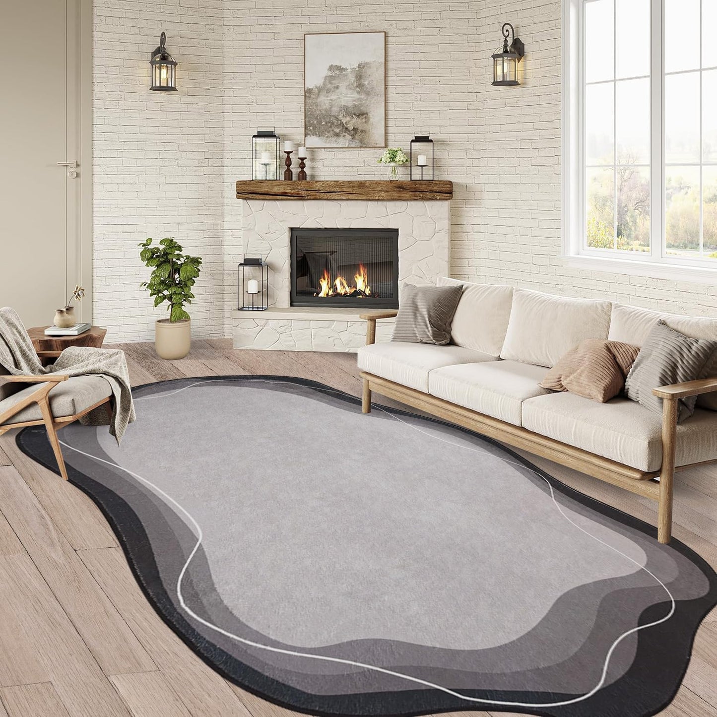 Poowe Area Rug Indoor Vintage Living Room Carpet Kitchen Washable Distressed Cloud Waves Edge Bedroom Rugs Retro Accent Throw Carpet for Office Dining Room Bathroom-Grey 4' x 6'