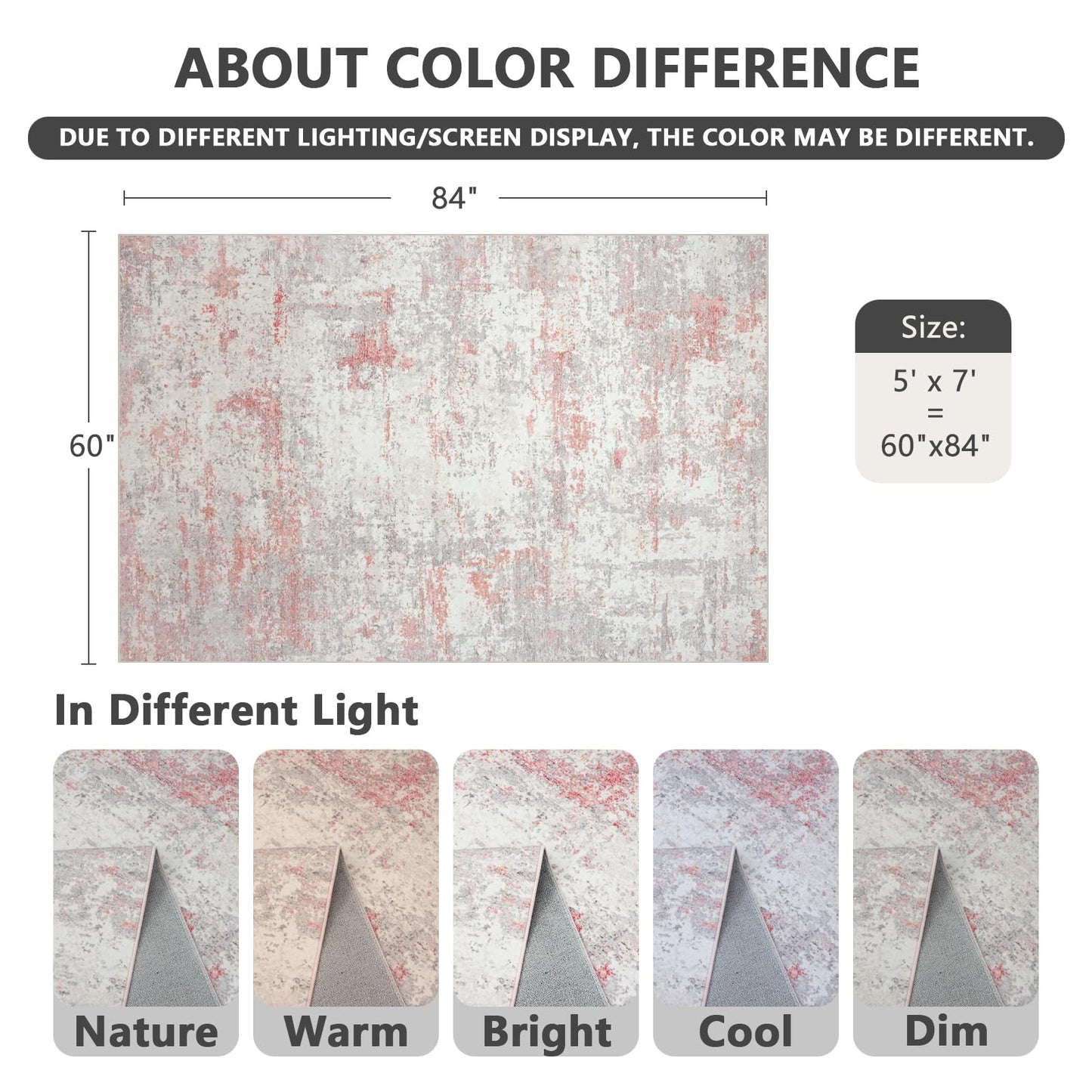 5x7 Washable Modern Abstract Area Rug, Soft Faux Cashmere Low Pile Non-Slip Non-Shedding Carpet for Living Room Bedroom Nursery Girls Room, Grey Pink