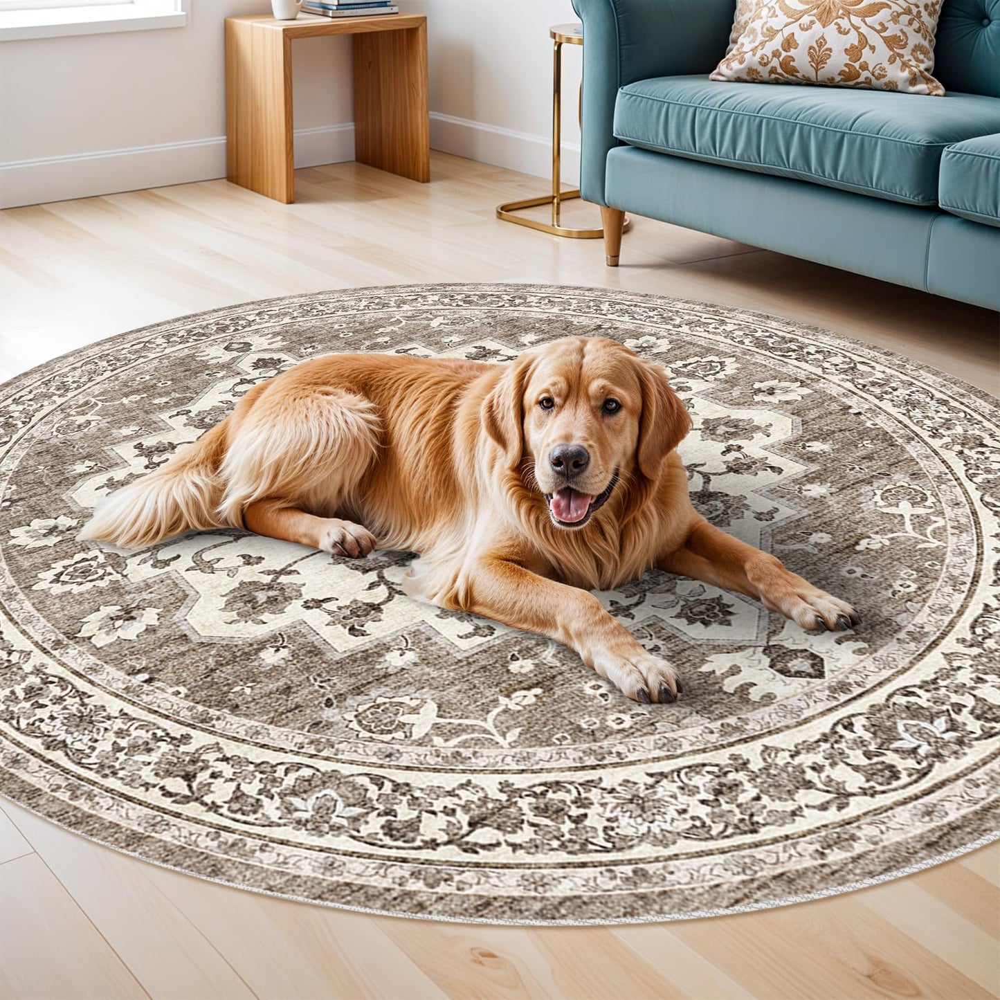 TOPRUUG Washable Oriental Area Rug - 6ft Round Rugs for Living Room Soft Carpet for Bedroom Waterproof Floral Distressed Indoor Stain Resistant Non-Shedding Floor Carpets (Beige, 6ft-Round)