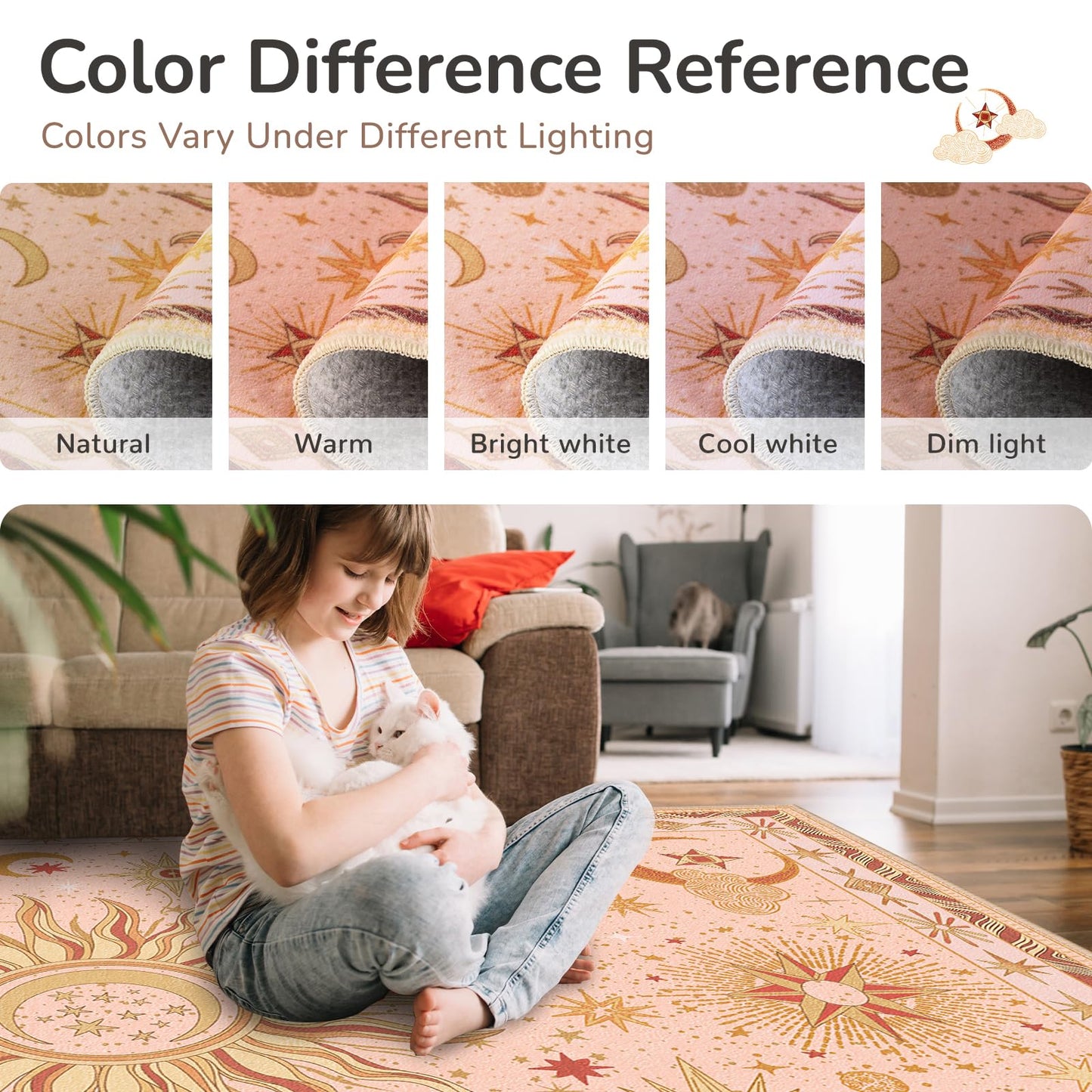 meejou 5x7 Area Rugs, Washable Vacuum-Friendly Non-Slip Rug Vintage Boho Gothic Sun and Moon Printed Pattern Low Pile Carpet for Living Room Bedroom Dining Room Hallway Entryway,Pink Gold Beige Red