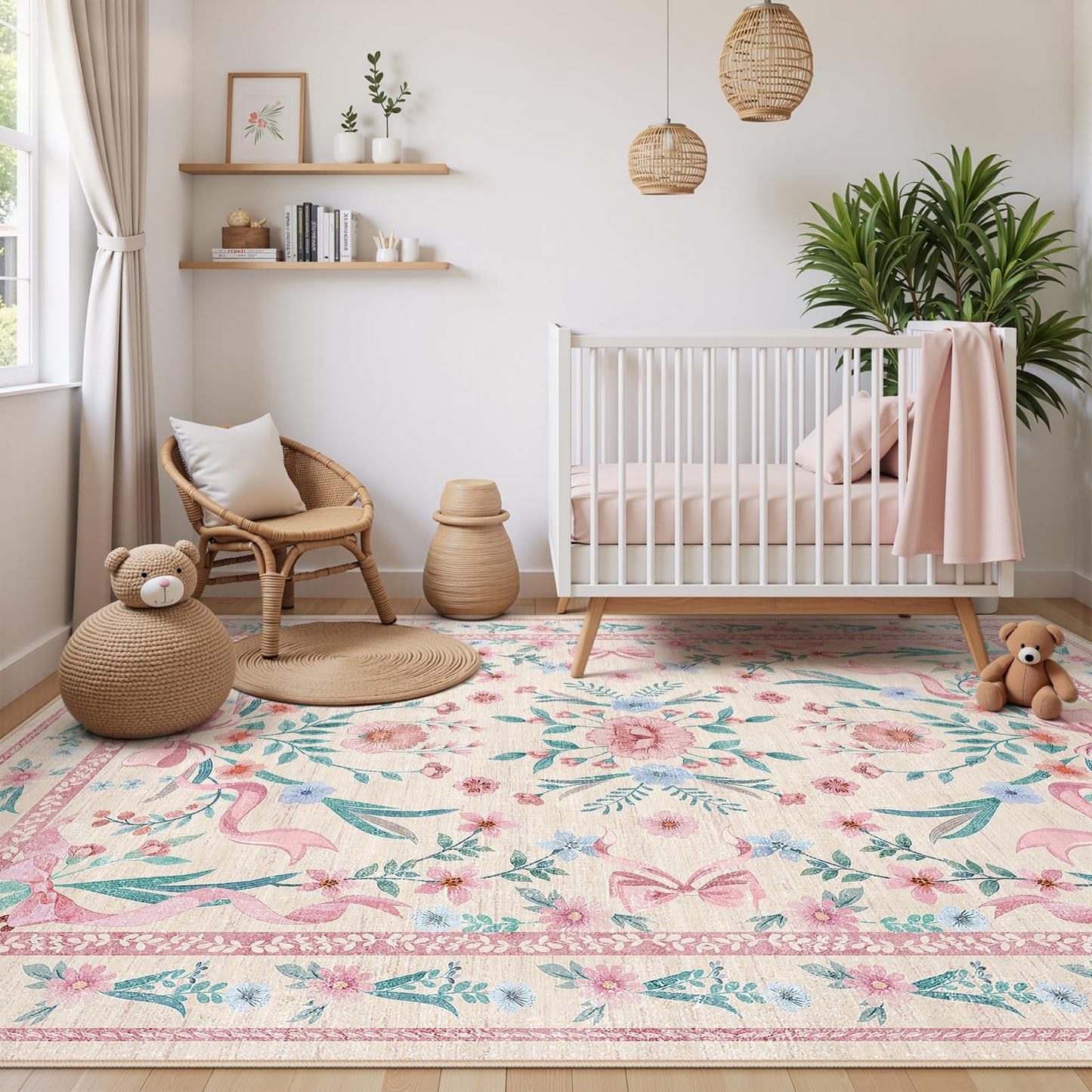 Kiginara Coquette Pink Bow Rug 5x7, Washable Floral Area Rug for Girls Bedroom & Nursery, Soft Low Pile Non Slip Carpet for Kids Room, Dorm, Playroom, Living Room