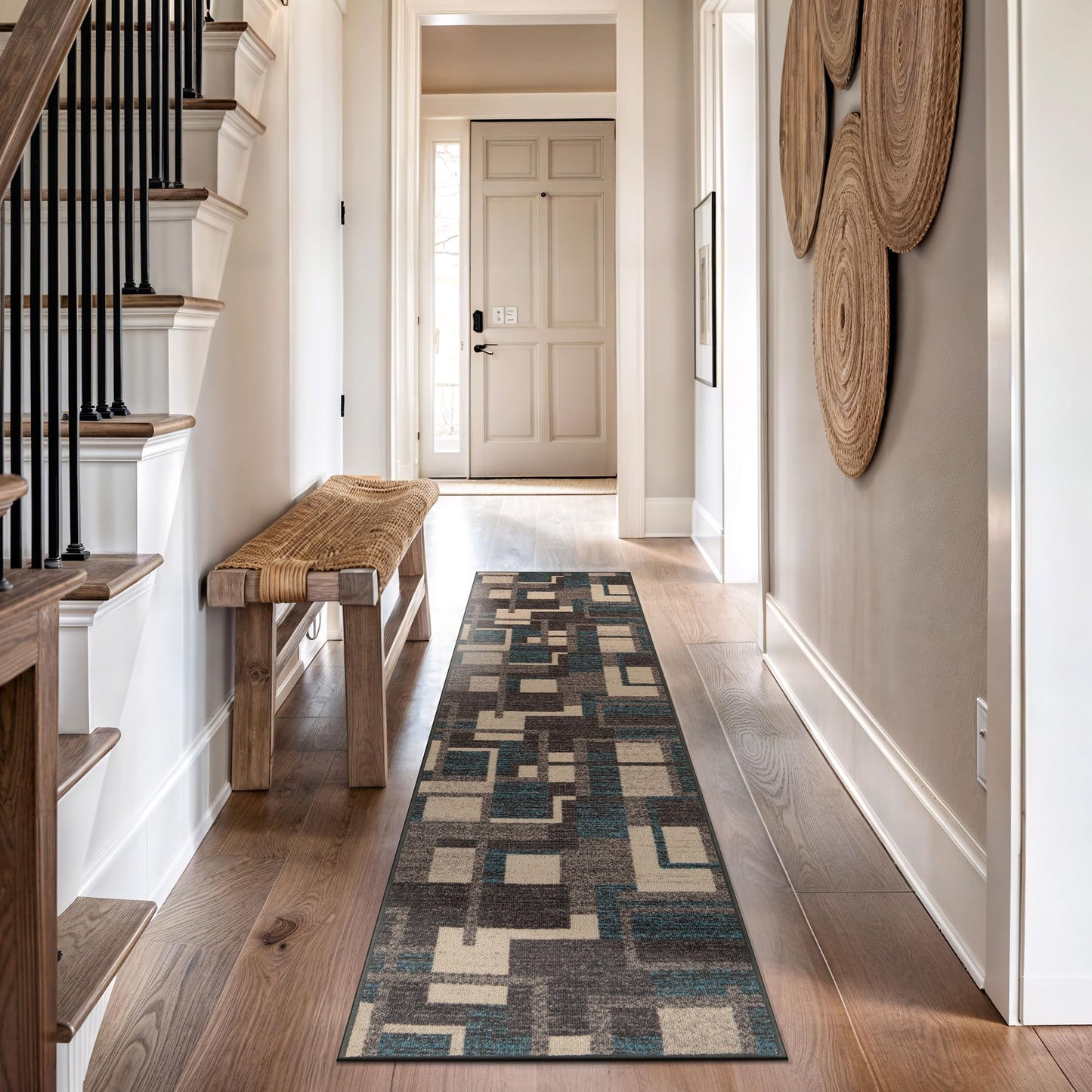 Rugshop Contemporary Geometric Power Loomed Indoor Runner Rug, Cool Slate Abstract Rectangle Design, Non-Slip Backing, Living Room Bedroom Home Office, Easy-Care Spot Clean, 2' x 12' Blue