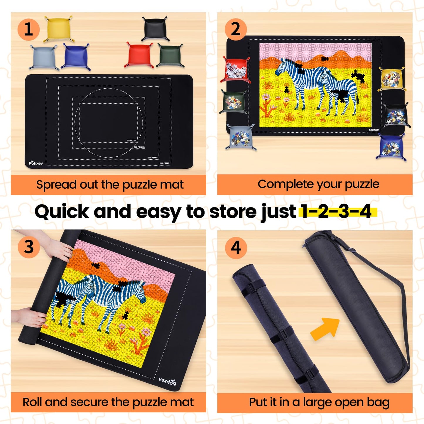 Pohxev Rubber Puzzle Mat Roll Up,Jigsaw Saver Pad Matt Rollup 46" x 26" Up to 1500 1000 500 Pieces, Upgraded Travel Storage Bag with 6 Sorting Trays Portable Keeper with Non-Slip Bottom.