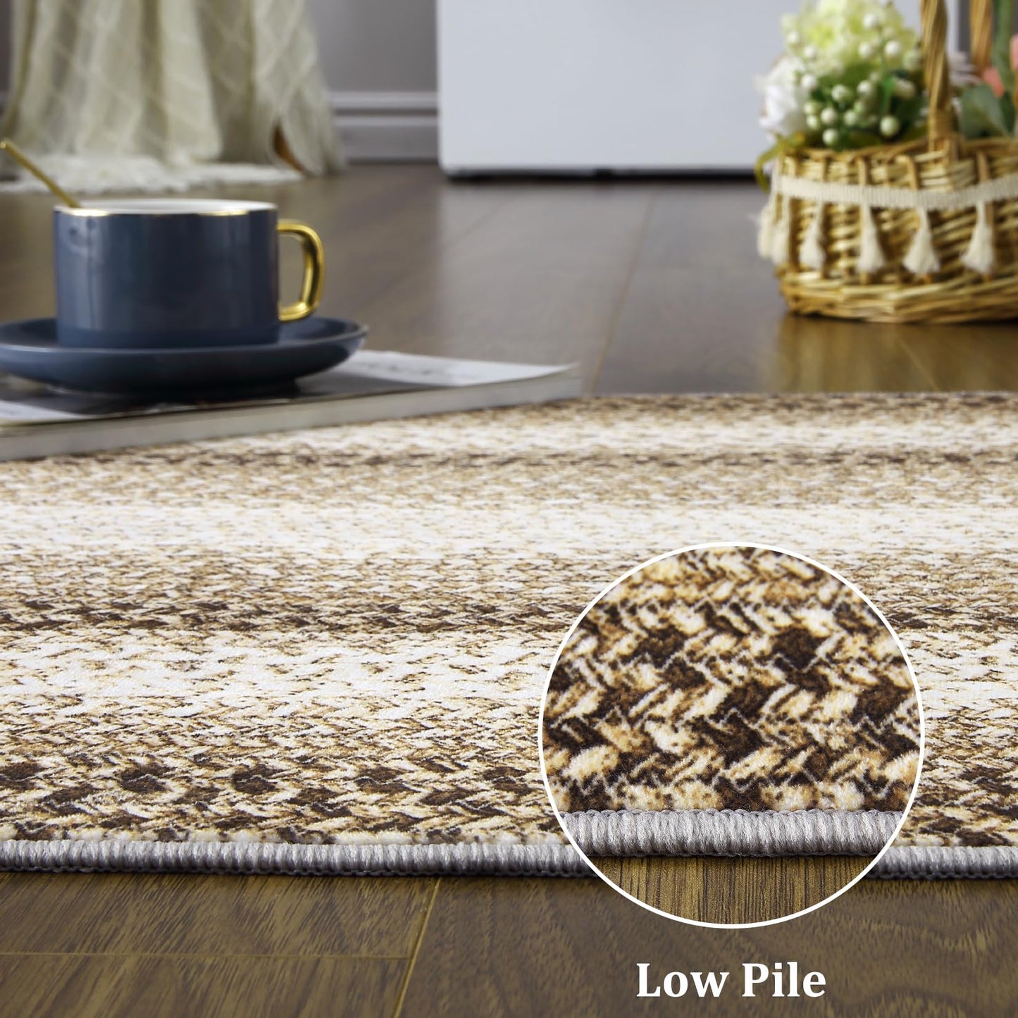 ROYHOME Living Room Area Rug 5x7 Modern Braided Print Area Rug Geometric Border Dining Room Throw Carpet Washable Carpet Rustic Large Boho Mat for Bedroom Nursery, Taupe