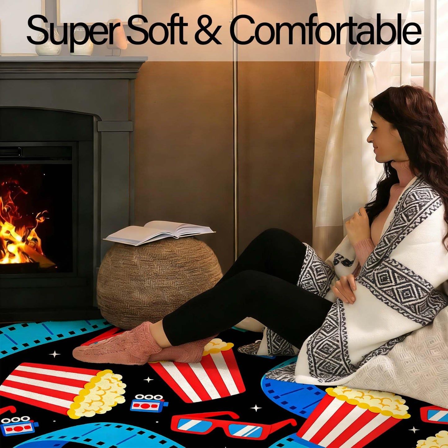 Movie Theater Area Rug, Popcorn Film Reel & 3D Glasses Rug, Cinema Sign Rugs, Movie Night Home Theater Rugs, Washable Non-Slip Soft Low Pile Home Cinema Carpet (4' x 6'(Rectangular))
