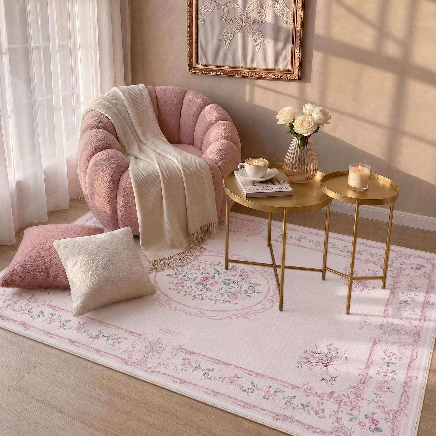 Tribesigns Floral Bow Pink 8 x 10 Area Rug for Girls Bedroom, Soft Washable Rose Medallion Nursery Living Room Rugs, Large Non-Slip Low Pile Boho Floral Carpet for Dorm Kids Playroom, Pink/8x10