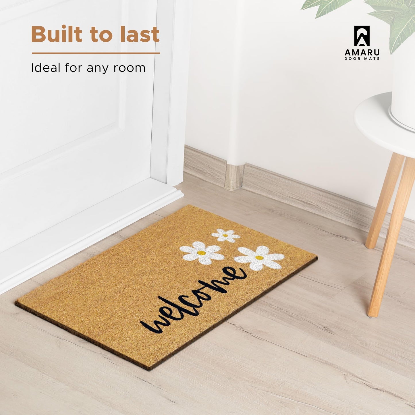 AMARU DOOR MATS - Coir Welcome Mat, Non-Slip, Welcome Daisies, 17 x 29 in