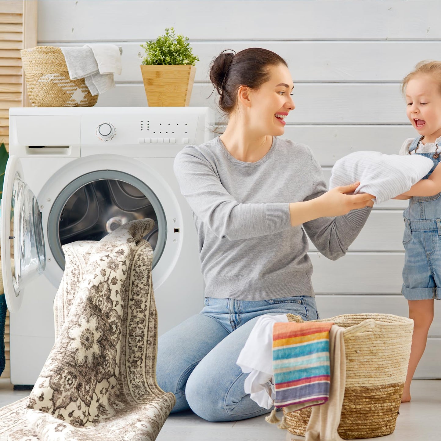 Dining Room Rugs for Under Table - Washable 6x8 Area Rug for Living Room Bedroom Soft Low Pile Non Slip Stain Resistant Carpet - Perfect for Homes with Pets & Kids (Beige, 6x8)
