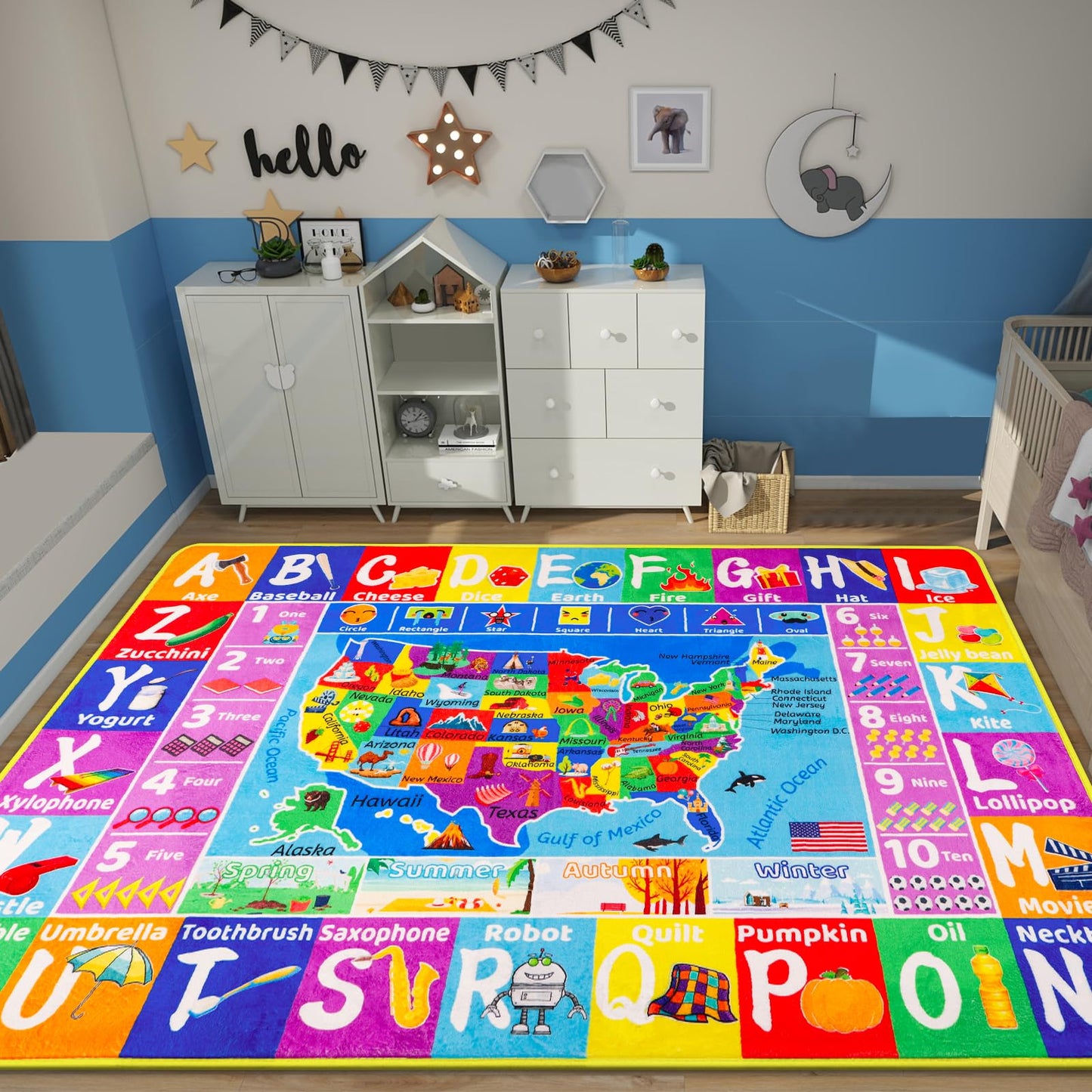 LTKOUGFAM USA Map ABC Kid Rug for Playroom 59"×39.4" Geography Classroom Play Rug Educational Kids Playmat Alphabet Mat State Symbols, ABC Letters, Numbers, Seasons&Shapes Non-Slip Preschool Playmat