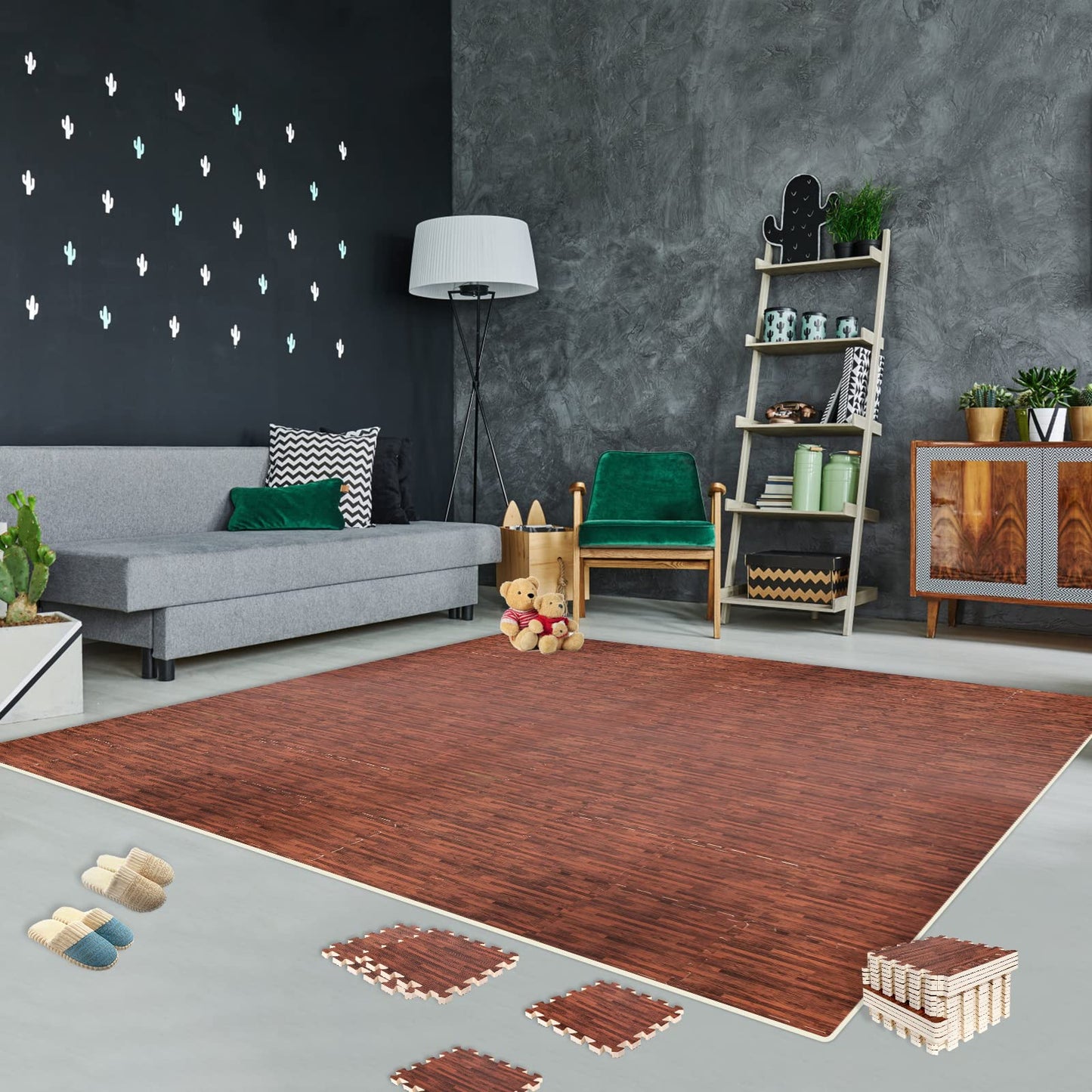 Smabee 16pcs Interlocking Printed Wood Grain EVA Foam Mats Protective Floor Tiles Exercise Play Mat for Kids Room Parlor Bedroom Home 11.8" x 11.8" (Wood Grain Brown)