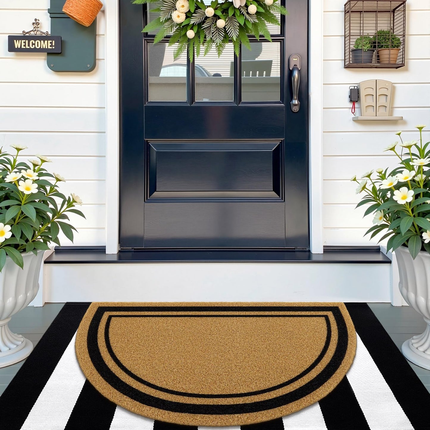 OLANLY Half Circle Front Door Mat, Low Profile Doormat, Stain and Fade Resistant, Easy to Clean, for Indoor and Outdoor Entrances, Patio Porch or Entryway, Brown (30x17 Inch, Classic Border)