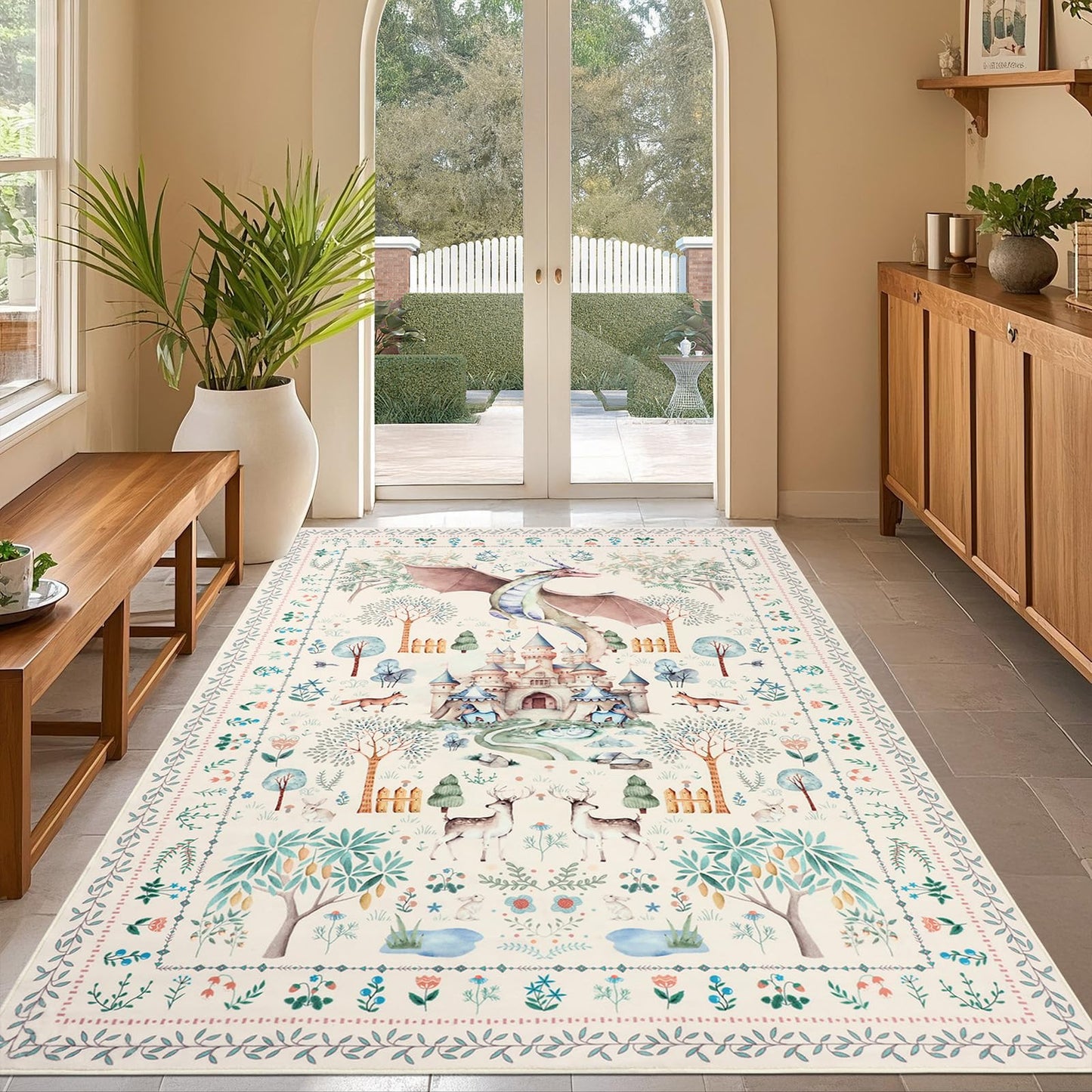 nesrt Washable Area Rugs for Living Room 5x7ft Beige, Soft Dragon Animal Print Bedroom Rugs Non Slip, Botanical Forest Kids Nursey Playroom Floor Carpets for Dining Room Farmhouse Home Office Decor