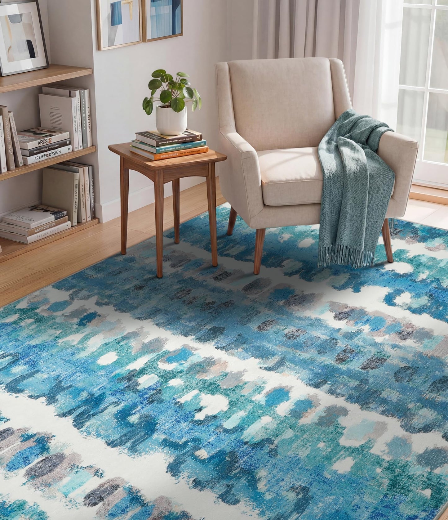 YIHOUSE Abstract Area Rug 5x7, Washable Blue Rugs for Living Room, Non-Slip Backing, Low-Pile Soft Modern Rug for Bedroom, Dining Room, Office, Nursery