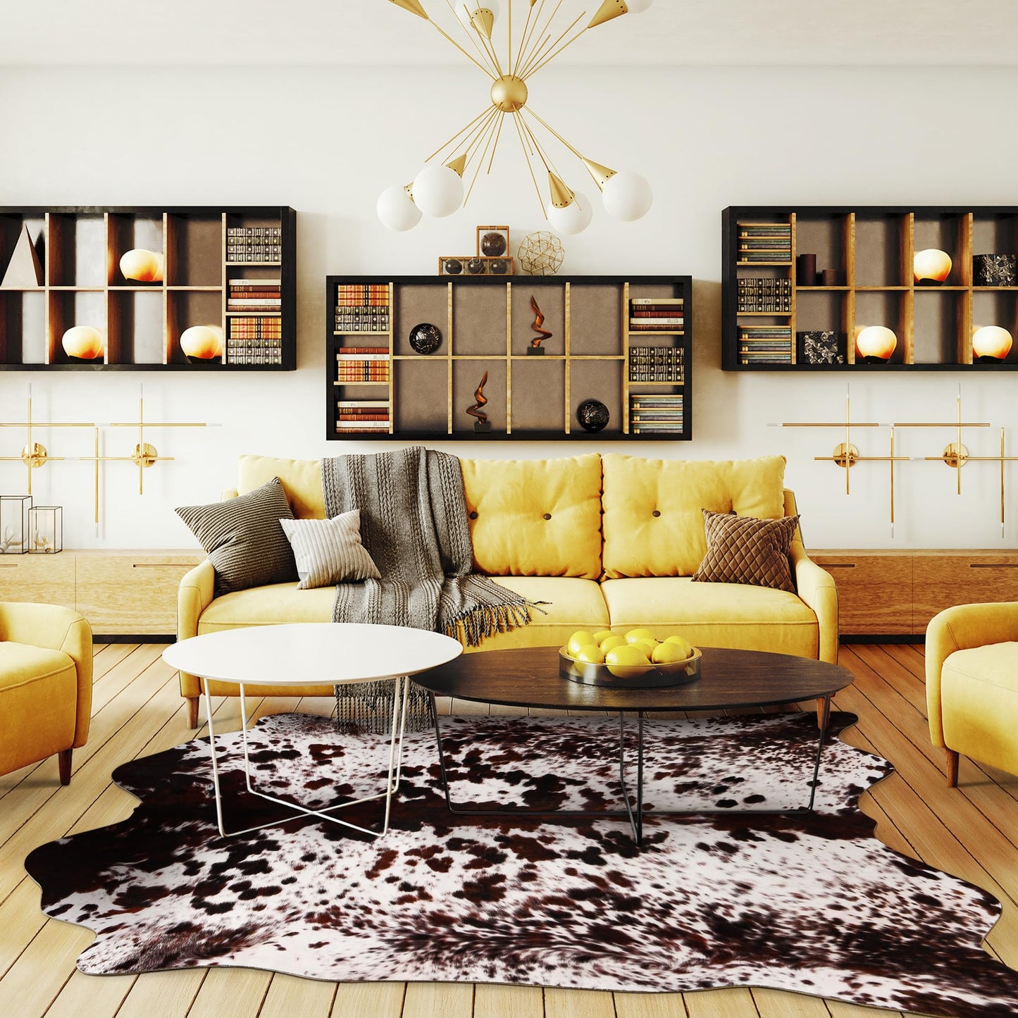 SUNYIWEI Faux Cowhide Rug, 4.6 x 5.2 ft Cowhide Rug for Living Room, Bedroom, Wall - Non-Slip,Brown White
