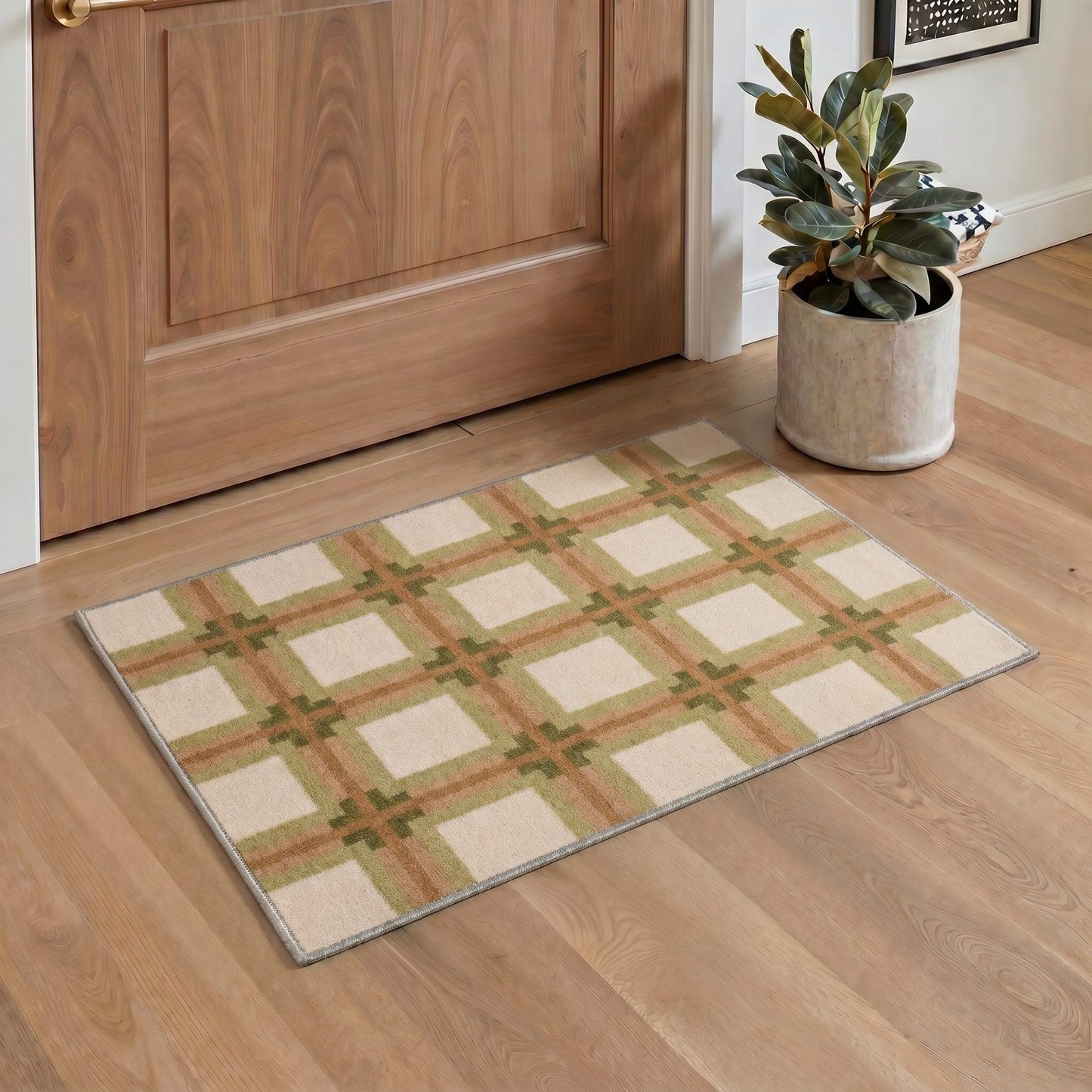 Bavni 5X7 Area Rugs, Minimalist Geometric Grid Low Pile Non Slip Machine Washable Stain Resistant Indoor Rug for Living Room Bedroom Dining Room Home Office, Olive Caramel