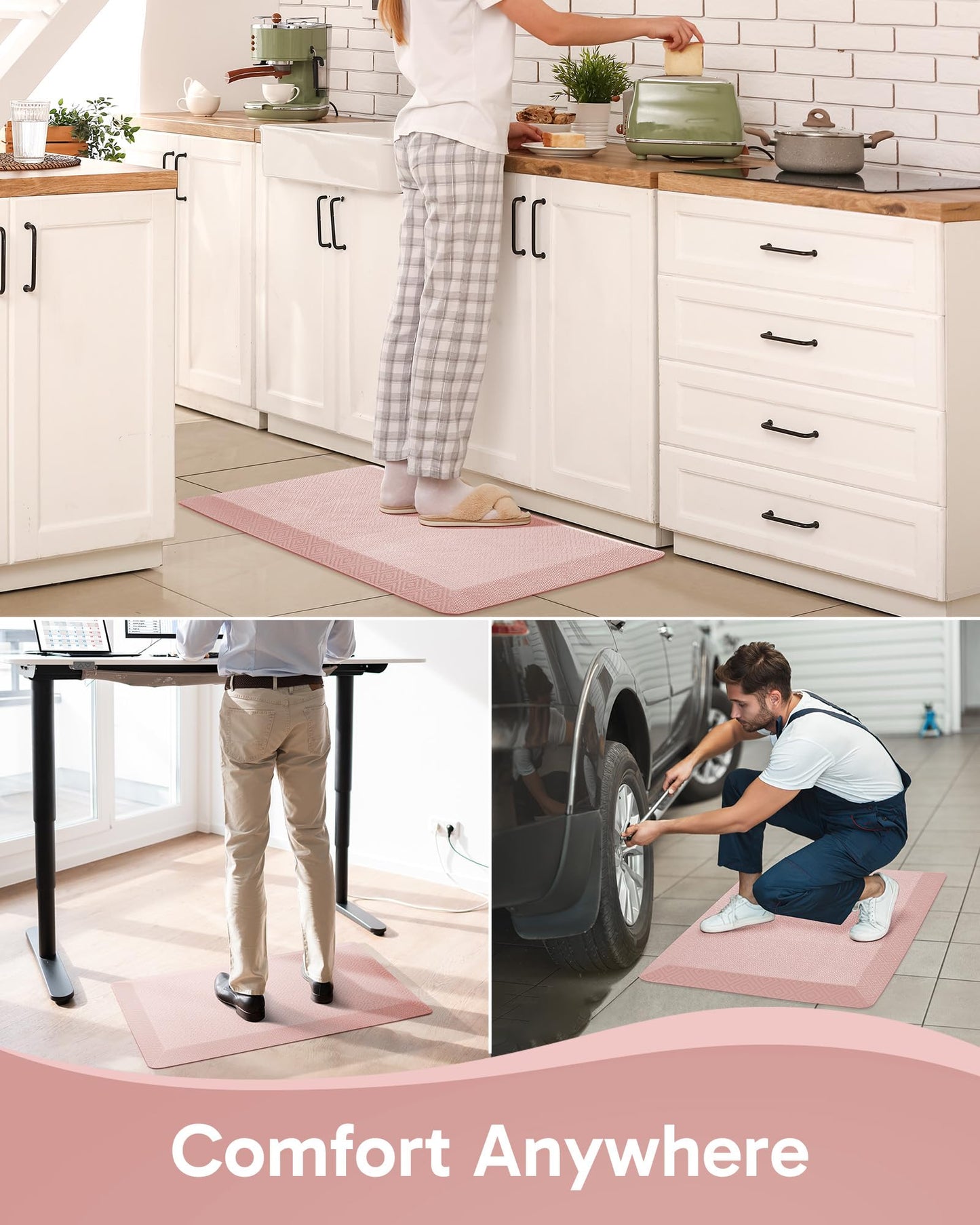 Ophanie Kitchen Mats for Floor, 3/4 Inch Thick Kitchen Rugs, 20''x32'' Anti Fatigue Standing Cushioned Mat, Waterproof,Comfort Ergonomic Mat for Office, Home, Sink, Pink Non-Slip Bottom