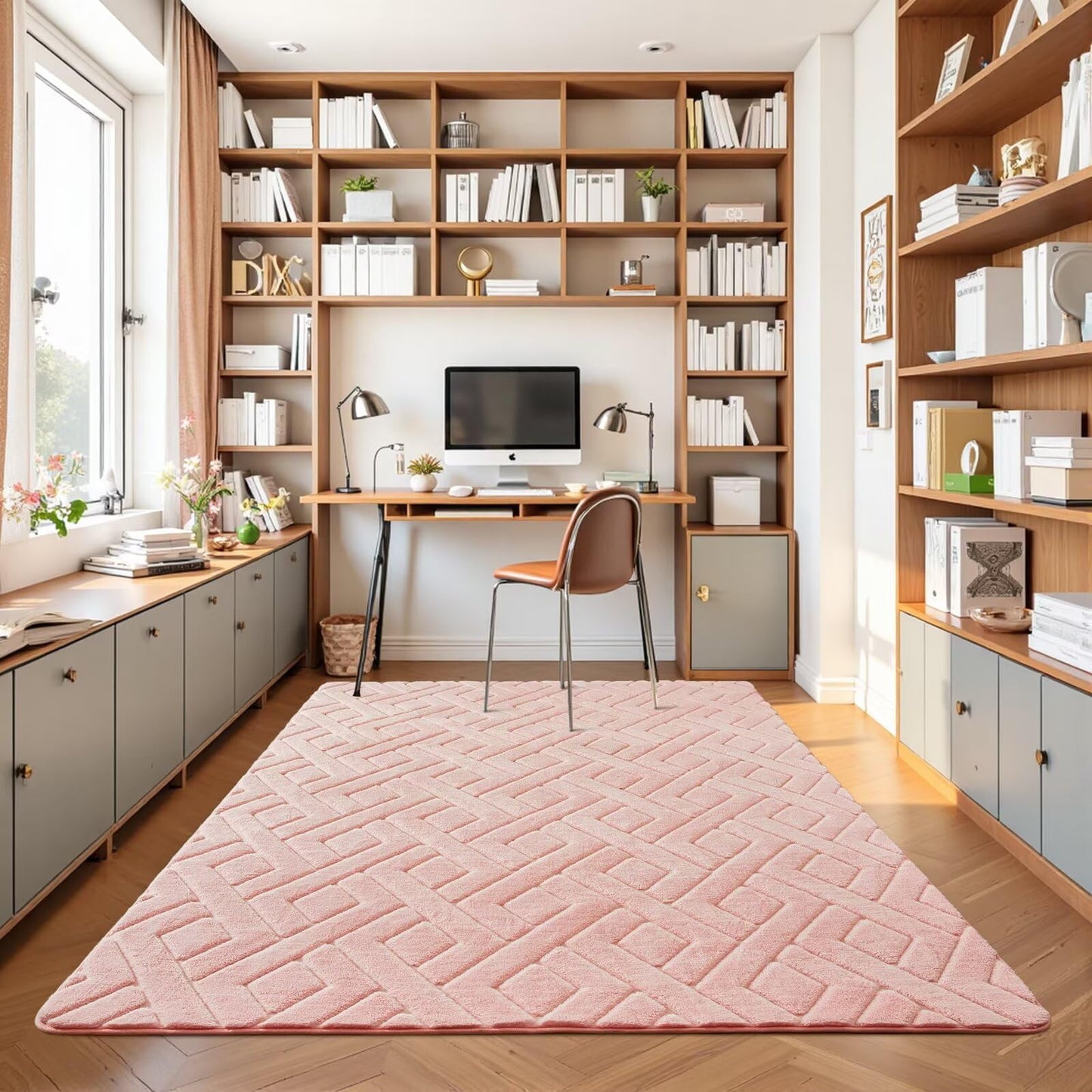 Flagover 5x7 Pink Washable Area Rug for Girls Bedroom Living Room, Modern Geometric Shag Non-Slip Rugs, Fluffy Plush Soft Memory Foam Carpet for Kids Room Nursery Decor