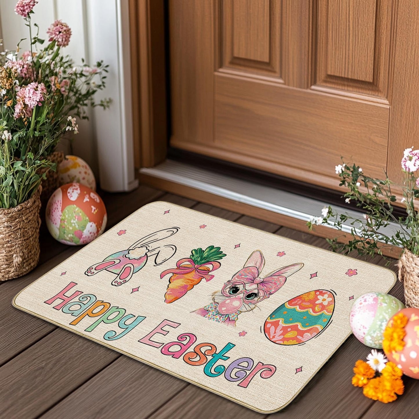 Mocsicka Easter Door Mat Bunny Eggs Welcome Doormat for Indoor Outdoor Spring Floor Mat Entry Welcome Rug Non-Slip Washable for Porch Front (Beige, 16x29inch)