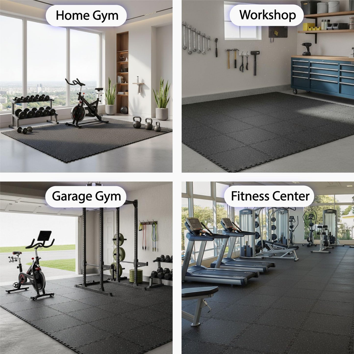 AIRHOP 1'' Ultra-Thick 48 Sq Ft Rubber Top Gym Flooring for Home Gym, 12 Tiles High Density EVA Foam Exercise Mats, Interlocking Puzzle Mats for Home Workout, Floor & Equipment Protection, Black/White