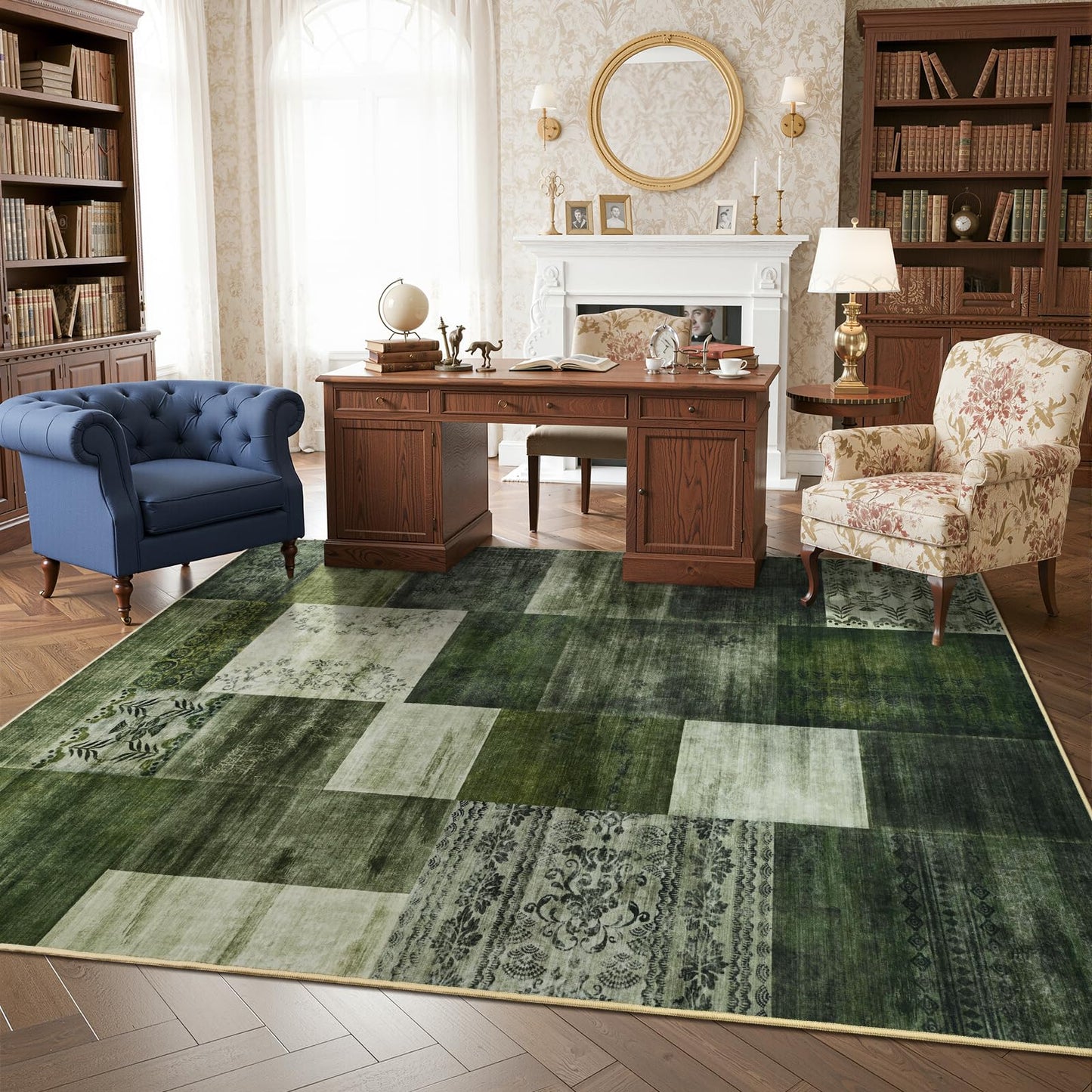 DweIke Washable Area Rugs 4x6 for Living Room, Modern Geometric Green Soft Patchwork Carpet, Non-Slip Stain Resistant Throw Rug for Bedroom Dining Room Office Home Decor