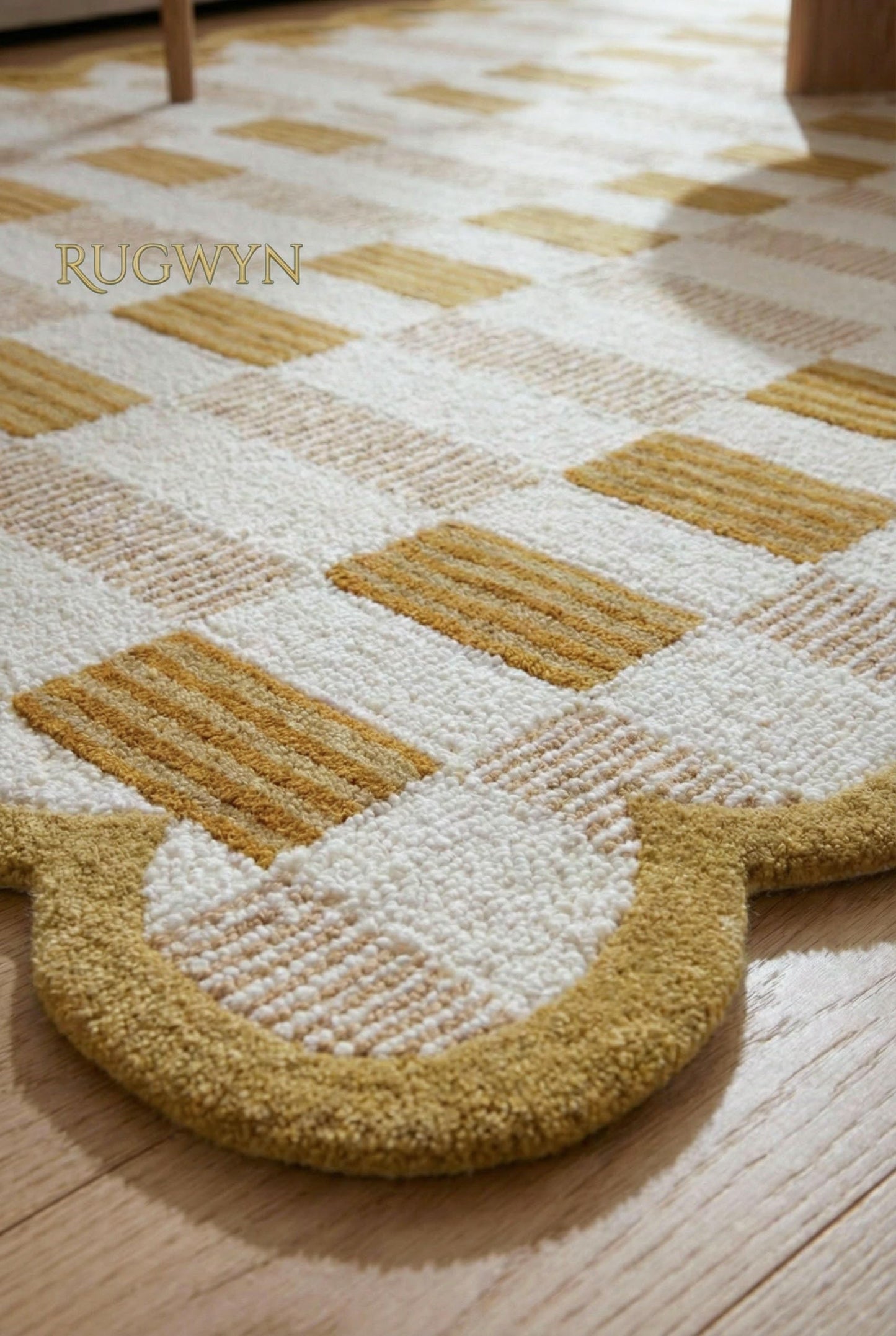 RUGWYN Hand-Tufted Scalloped Wool Area Rug, Modern Plaid Checkered Pattern, Soft & Durable Cozy Accent Rug for Living Room, Bedroom & Nursery, Handmade Decorative Carpet (Neutral, 5' x 7')