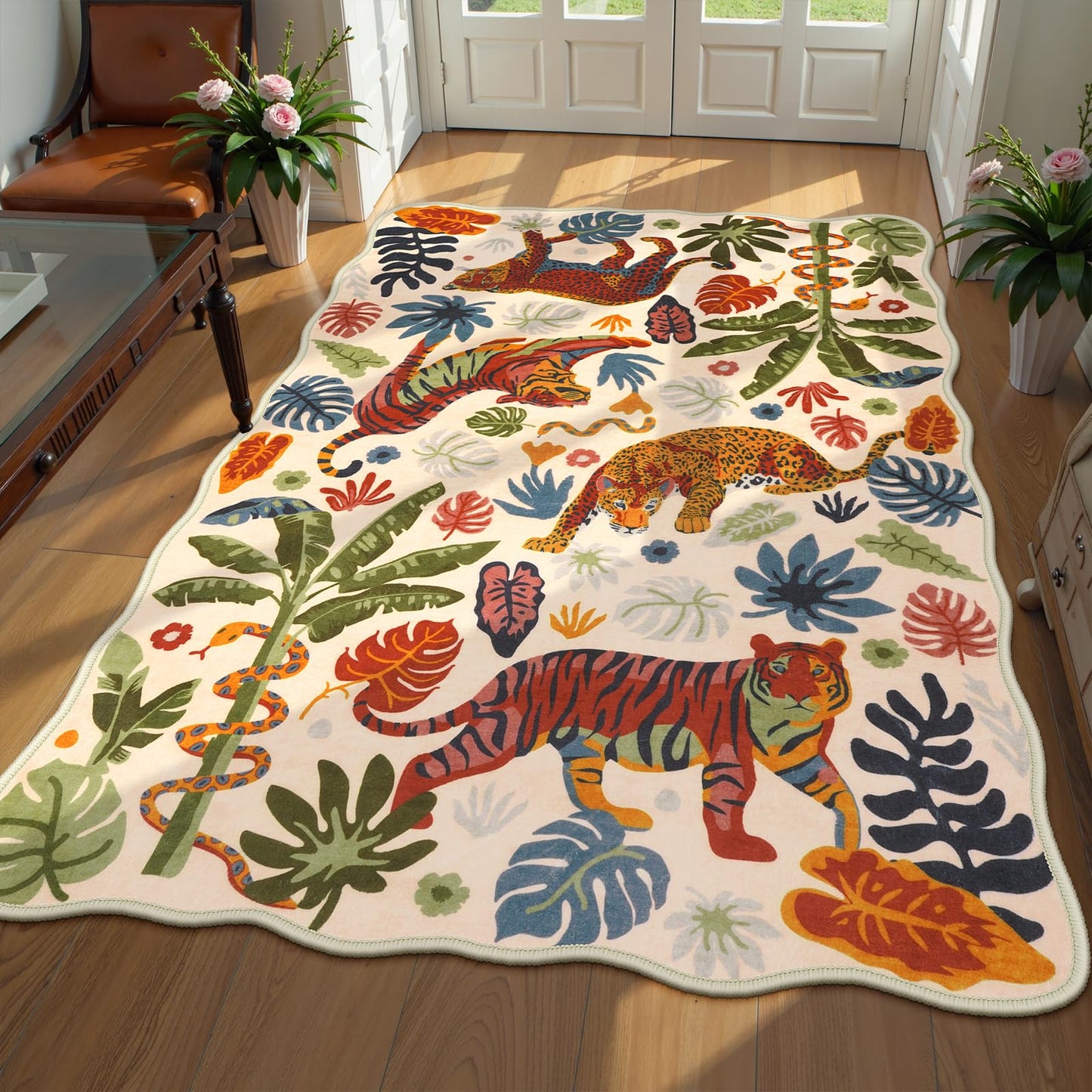 LEEVAN 5x7 Animal Area Rugs Washable Beige Tiger Living Room Rugs Non Slip Scalloped Tiger Bedroom Rug Low Pile Leopard Nursery Floor Carpet Jungle Leaf Print Kids Rug