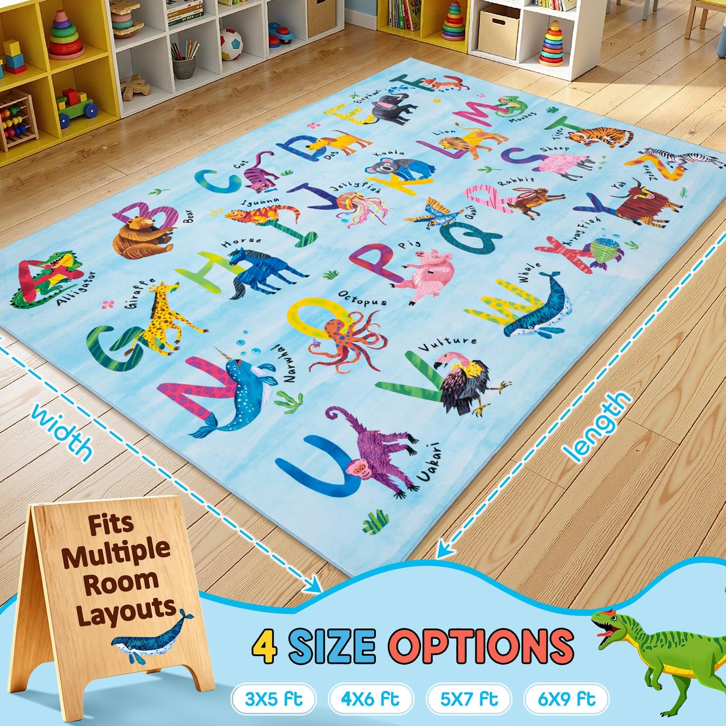 Rogara 6x9 ABC Classroom Rug for Kids Playroom, Alphabet Rug with 26 Animals, Non-Slip Washable Kids Carpet, Educational Preschool Play Mat for Daycare, Nursery, Toddler Bedroom
