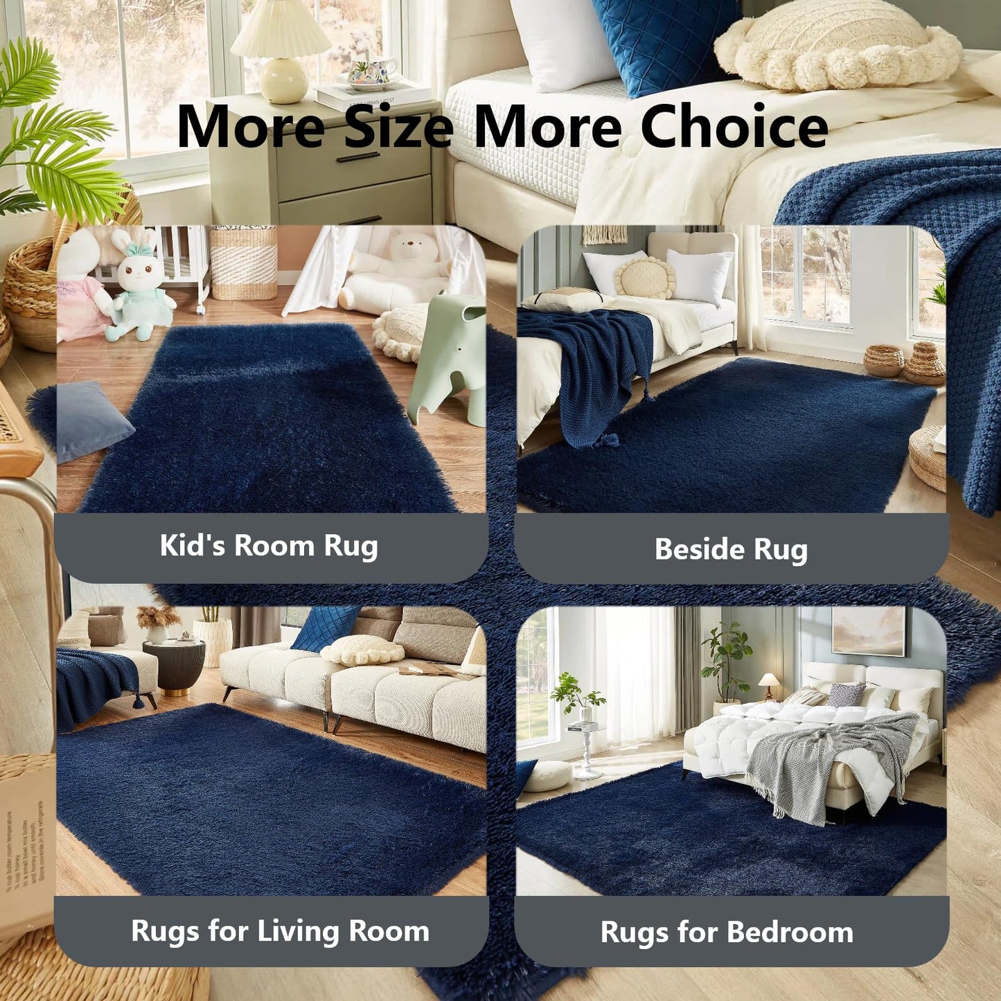 Floralux 5x7 Soft Fluffy Shag Area Rug for Living Room, Bedroom, Kid's Room, Dark Blue, Upgraded Anti-Skid Plush Carpet