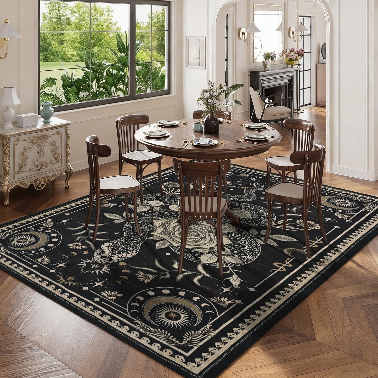 Yinhua Snake Living Room Rug 5x7 Rug Washable Gothic Rugs Non Slip, Soft Area Rugs Low Pile, Faux Wool Goth Carpet for Living Room, Bedroom, Dining Room, Black