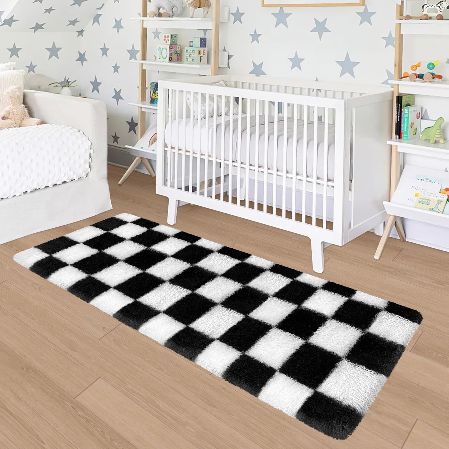 MondayRug Soft Fuzzy Fluffy Rug for Bedroom Living Room Black and White Checkered Rug Shag Runner 2x6 Ft Hallway Runner Plush Shaggy Carpet Non Slip for Bedside Sofa Home Dorm