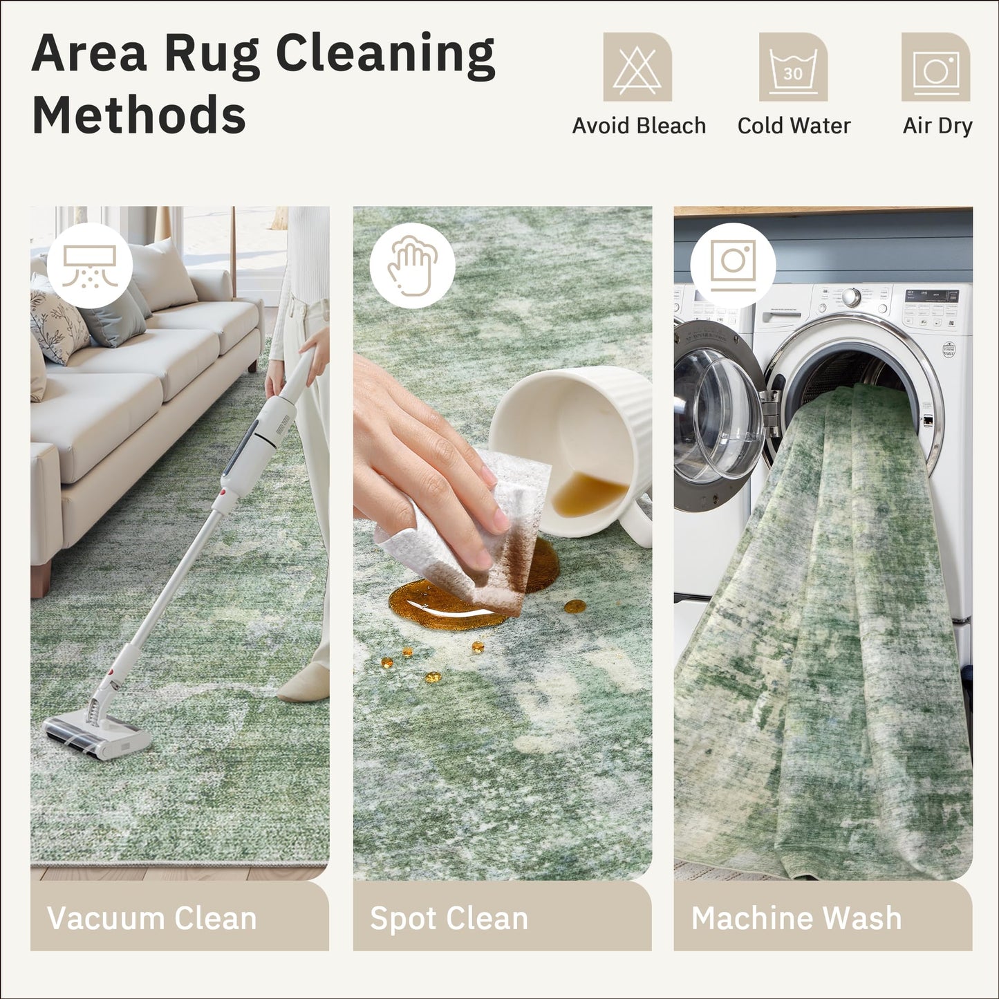 Soalmost Abstract Rug 8x10 Large Living Room Rugs Neutral Modern Washable Area Rugs for Bedroom Dining Room Non-Slip Stain Resistant Foldable Thin Rug Green