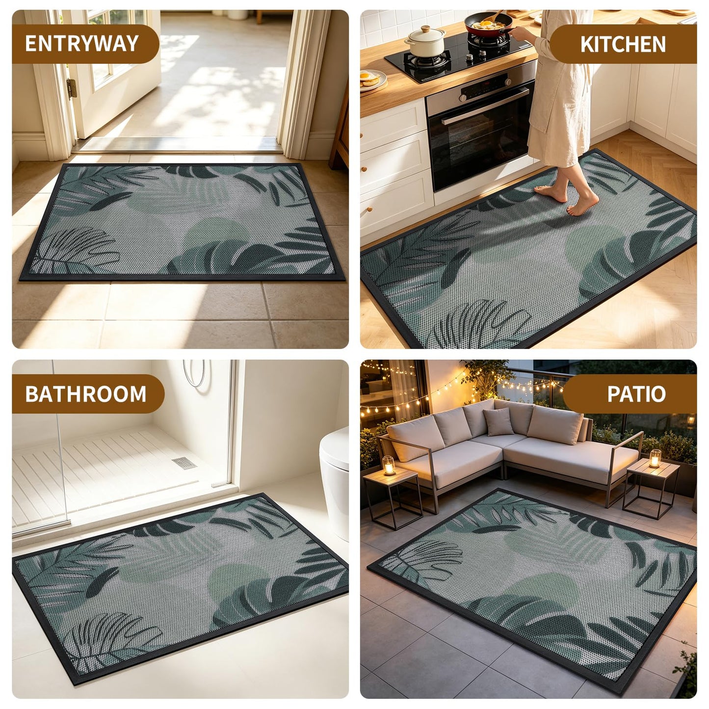 WELDUN Front Door Mat, Heavy Duty Non-Slip Rubber Dirt Trapper, Quick-Dry Low-Profile Washable Easy Clean, Welcome Mat for Indoor Outdoor Entryway Porch Patio Garage Mudroom 30"x17", Green Leaves