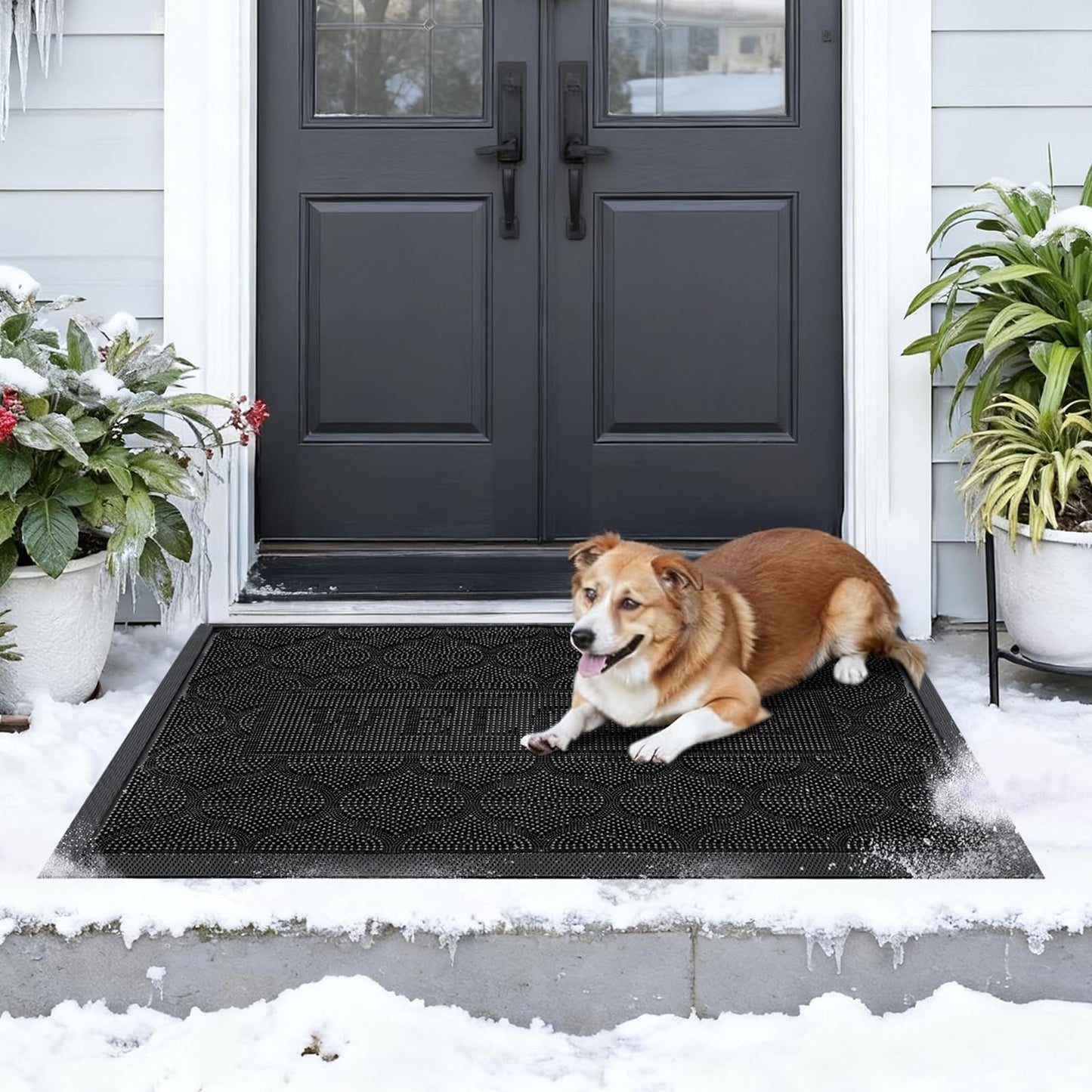FRAMICS Rubber Doormat 24x36 Inches Heavy Duty - Non-Slip, Waterproof Entry Mat for Outside Front Door, Low Profile Dirt Trapper for All Seasons, Patio, Garage, High Traffic Areas, Black