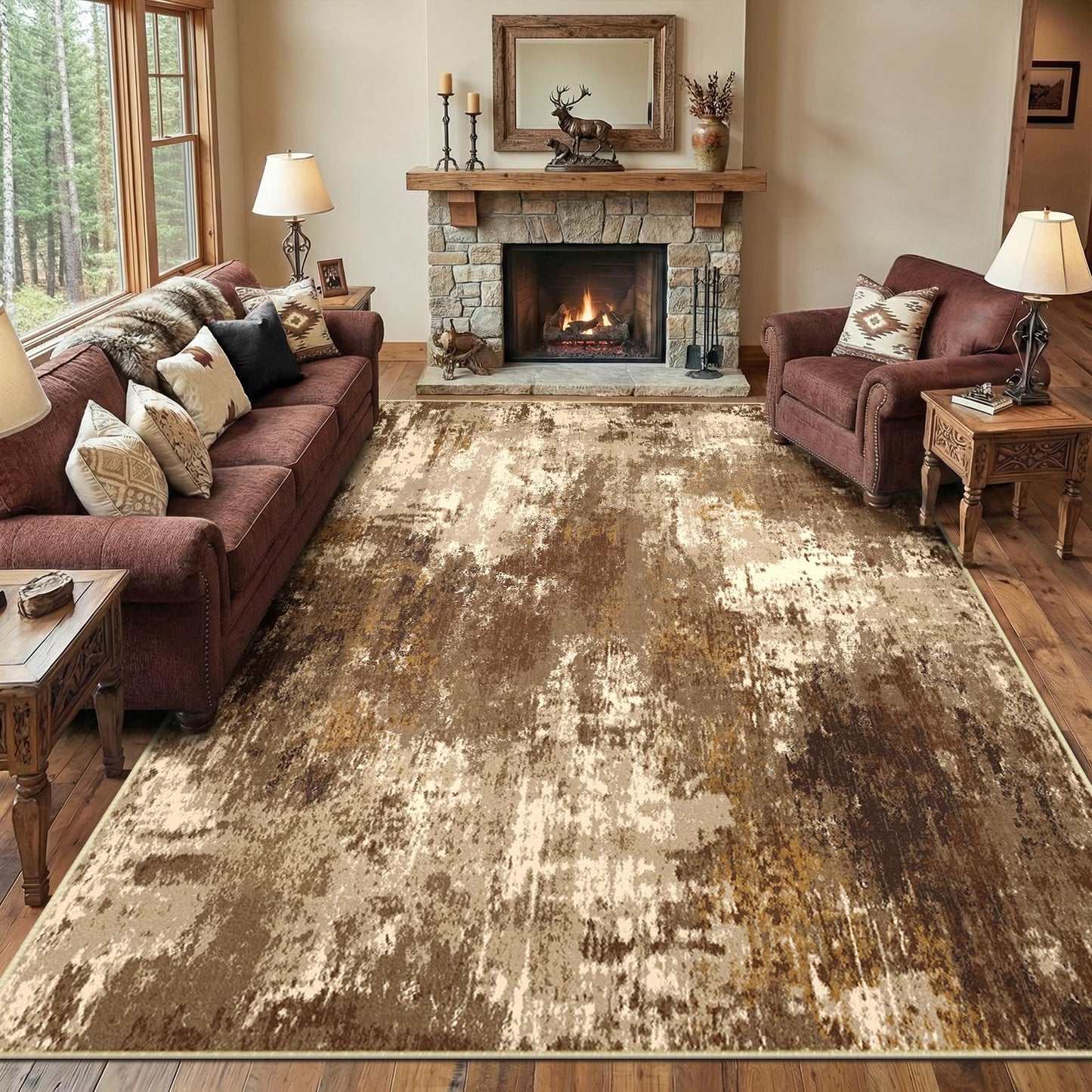 RELEANY Washable Area Rugs 5'x7' Non-Slip Modern Abstract Soft for Living Room Entryway Bedroom Kitchen, Print Pattern, Brown Tan Beige Coffee