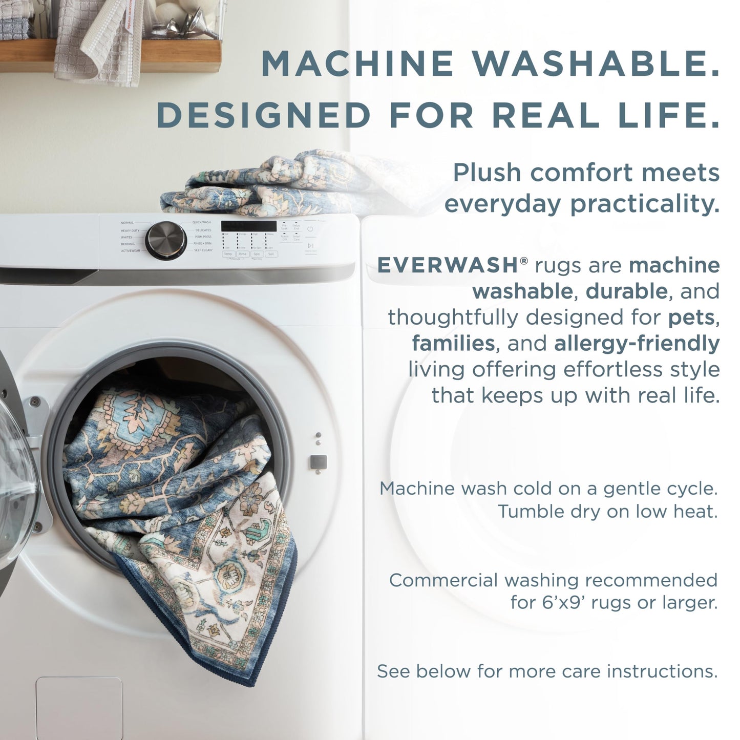 EVERWASH Haven Floral Trellis Machine Washable Area Rug with Airflo Technology for Easy Clean, Ultra-Soft Non-Slip Rug with Built-in Pad, Pet, Family & Allergy Friendly, Ivory, 2'6"x7'
